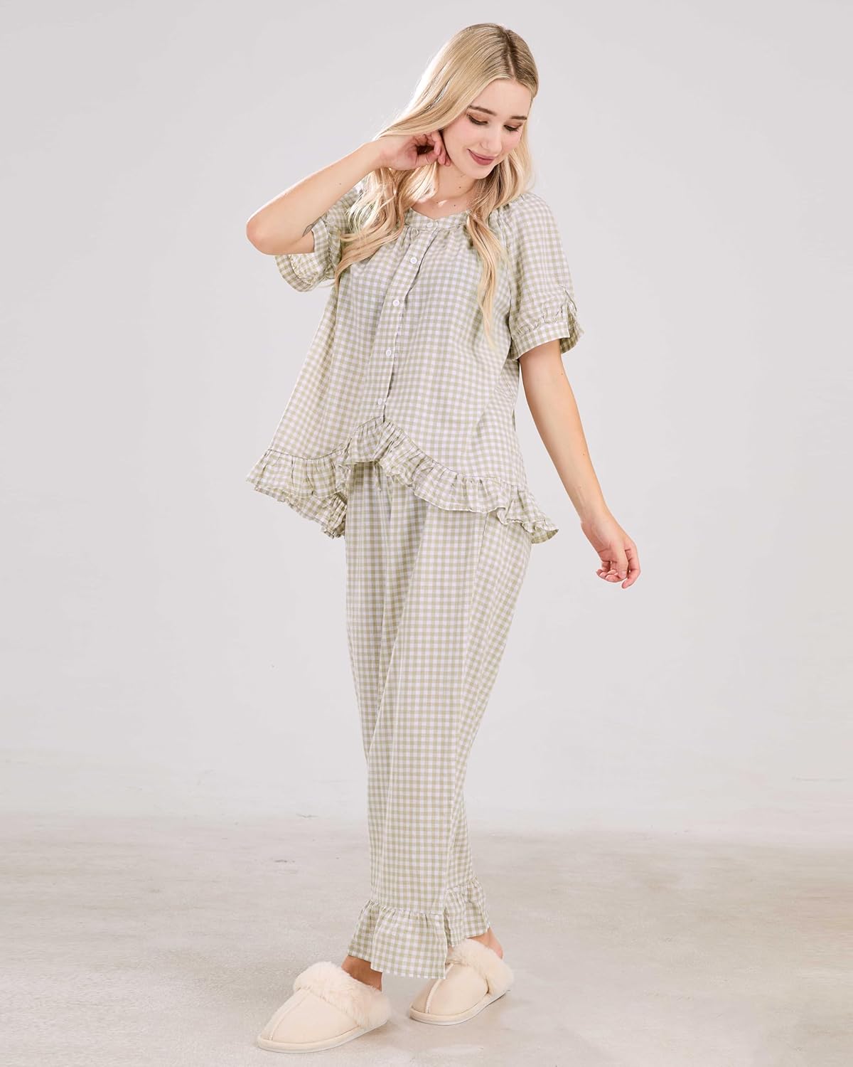 Womens Gingham Pajama Set 2 Piece Short Sleeve Babydoll Shirt and Pants Lounge Set Cute Sleepwear - Image 3