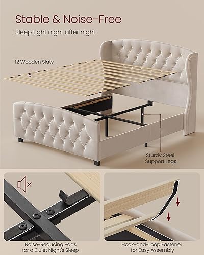 Miniatura 5 de VASAGLE Base de cama Queen con cabecero alto, base de cama tapizada tamaño Queen, con cabecero y estribo copetudos con respaldo de alas, listones de