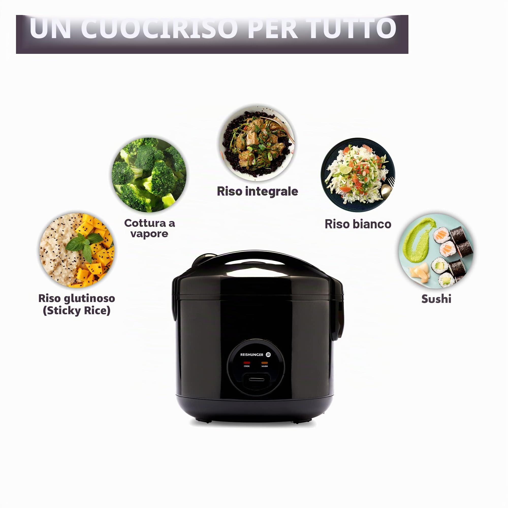 REISHUNGER Cuocere riso e piroscafo con rivestimento in ceramica, bianco, 1,8 l, fino a 10 porzioni, preparazione rapida senza bruciare, con funzione di mantenimento in caldo con inserto a vapore,