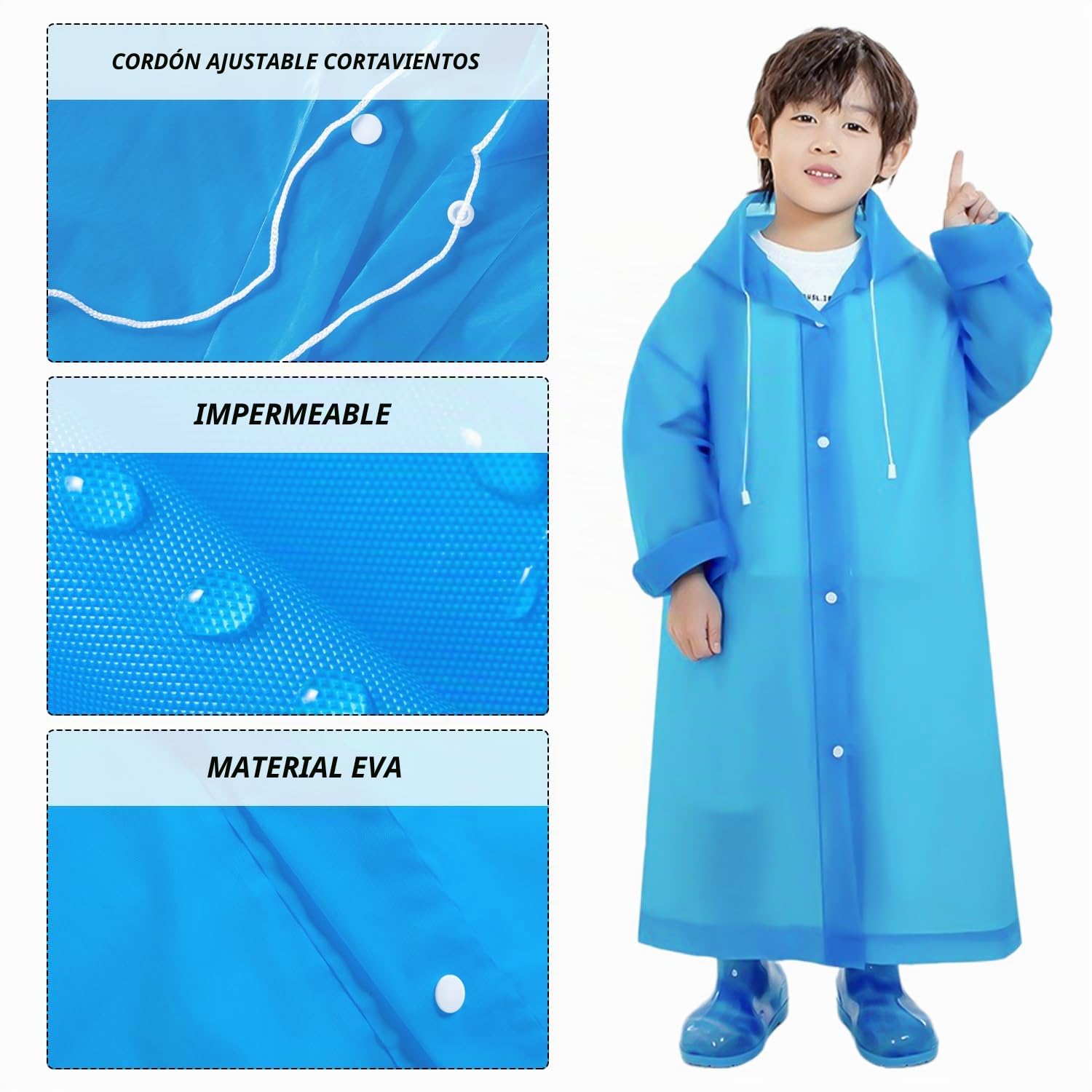 2 chubasquero impermeable, reutilizable para niños y niñas, poncho EVA transpirable (azul, amarillo), azul/amarillo, 60-68