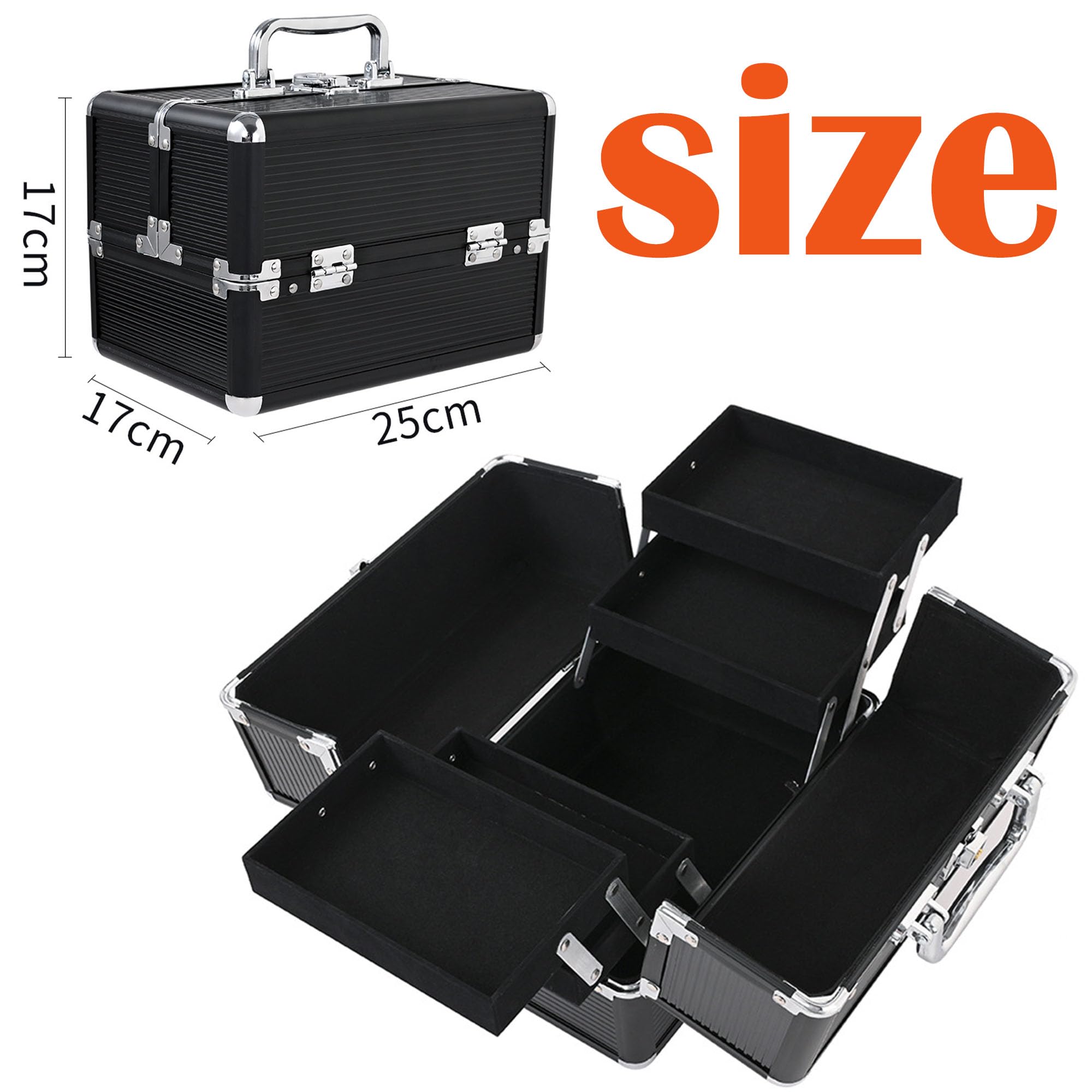 Make-up-Koffer, tragbare Aluminium-Make-up-Box mit abschließbarem Design, mit Schubladen, Nagelaufbewahrung, Organizer-Box für Nagelkunst, für Make-up-Künstler, Friseure und Beauty-Enthusiasten