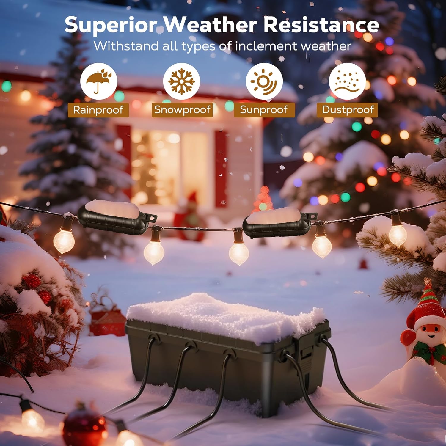 Housolution Outdoor Electrical Box in various weather conditions: rain, snow, sun, and dust, illustrating its superior weather resistance.