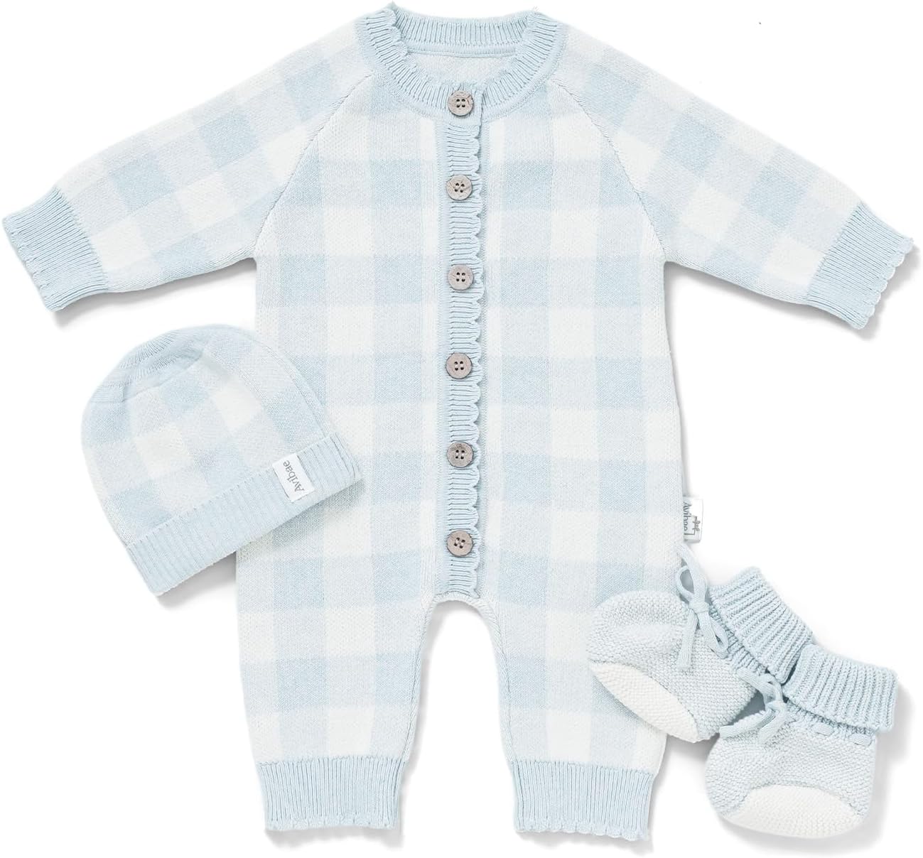 Avibae 3-Piece Cotton Newborn Baby Set with Knit Romper, Hat, Booties for Boys and Girls,Long Sleeve Cute Infant Outfit