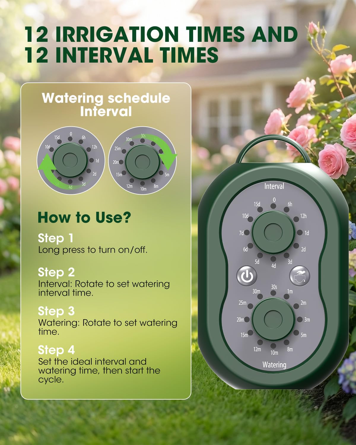 MYMULIKE Sistema di irrigazione solare con doppia carica solare e USB, sistema di irrigazione a goccia automatico da 15 m, con 12 modalità e timer, irrigazione per piante in vaso, giardino, balcone