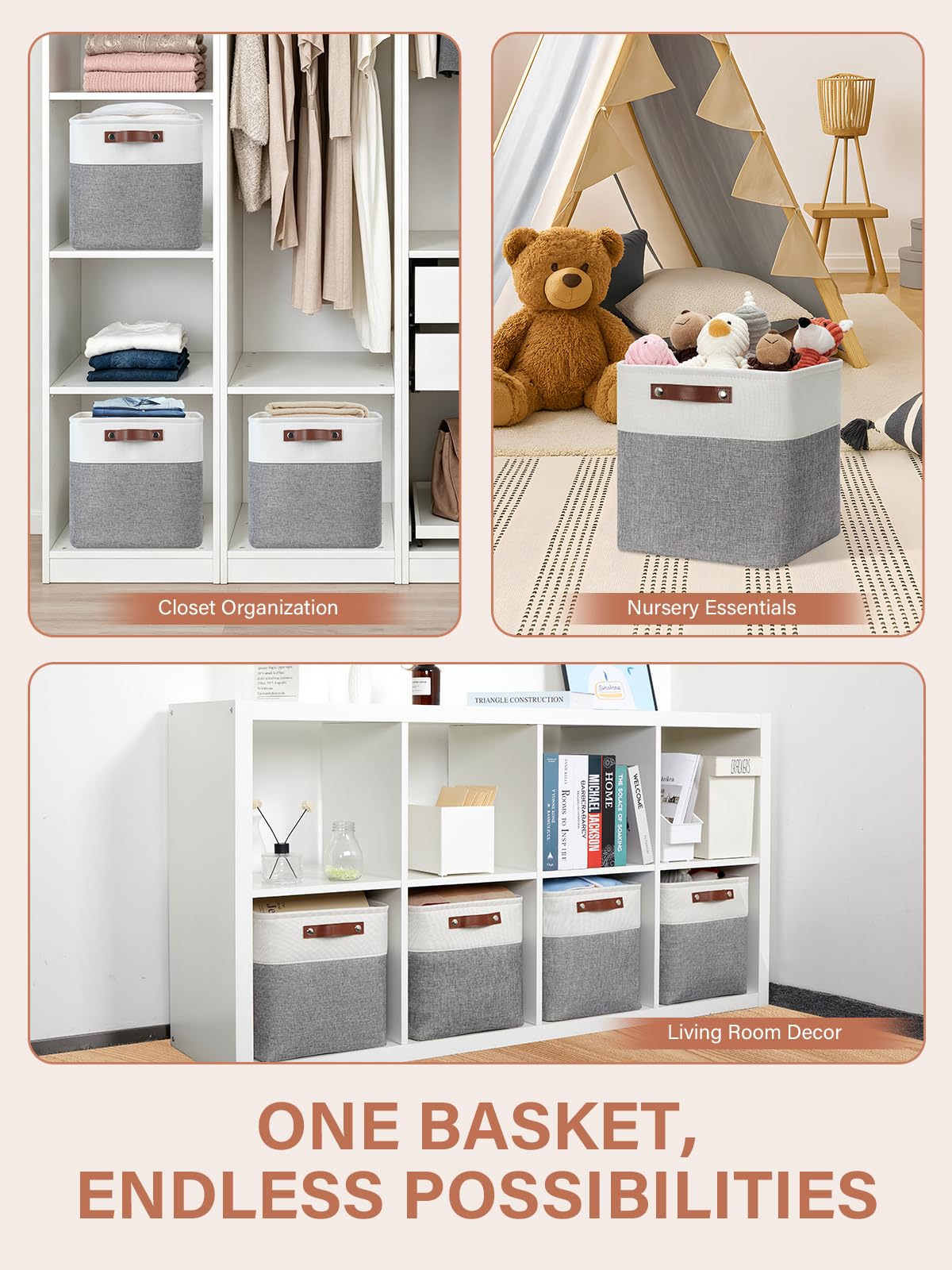 DULLEMELO Juego de 4 cestas de almacenamiento para organizar, cubos organizadores de almacenamiento de 12 x 12 x 12 pulgadas con asas de cuero, contenedores plegables de tela para almacenamiento de