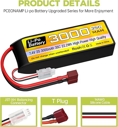 Miniatura 7 de sea jump 2S Lipo Batería 7.4V 3000mAh 35C con enchufe T y cable de carga USB adecuado para RC coche, camión, barco, RC Quadcopter Aircraft, batería