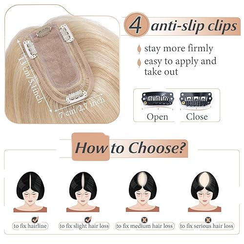 Miniatura 5 de Benehair Toppers para el cabello para mujer, 100% cabello humano real, densidad del 150%, hecho a mano, base de seda, piezas de cabello con clip