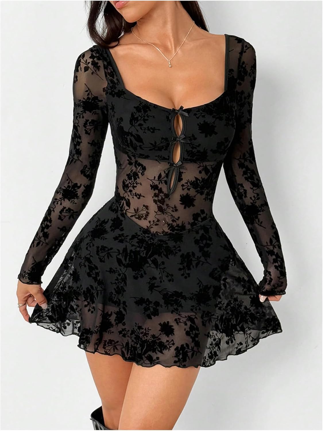 Milumia Women's Floral Lace Cut Out Mini Dress Sexy Long Sleeve Bow Decor Party Club Mesh Short Dresses - Image 2