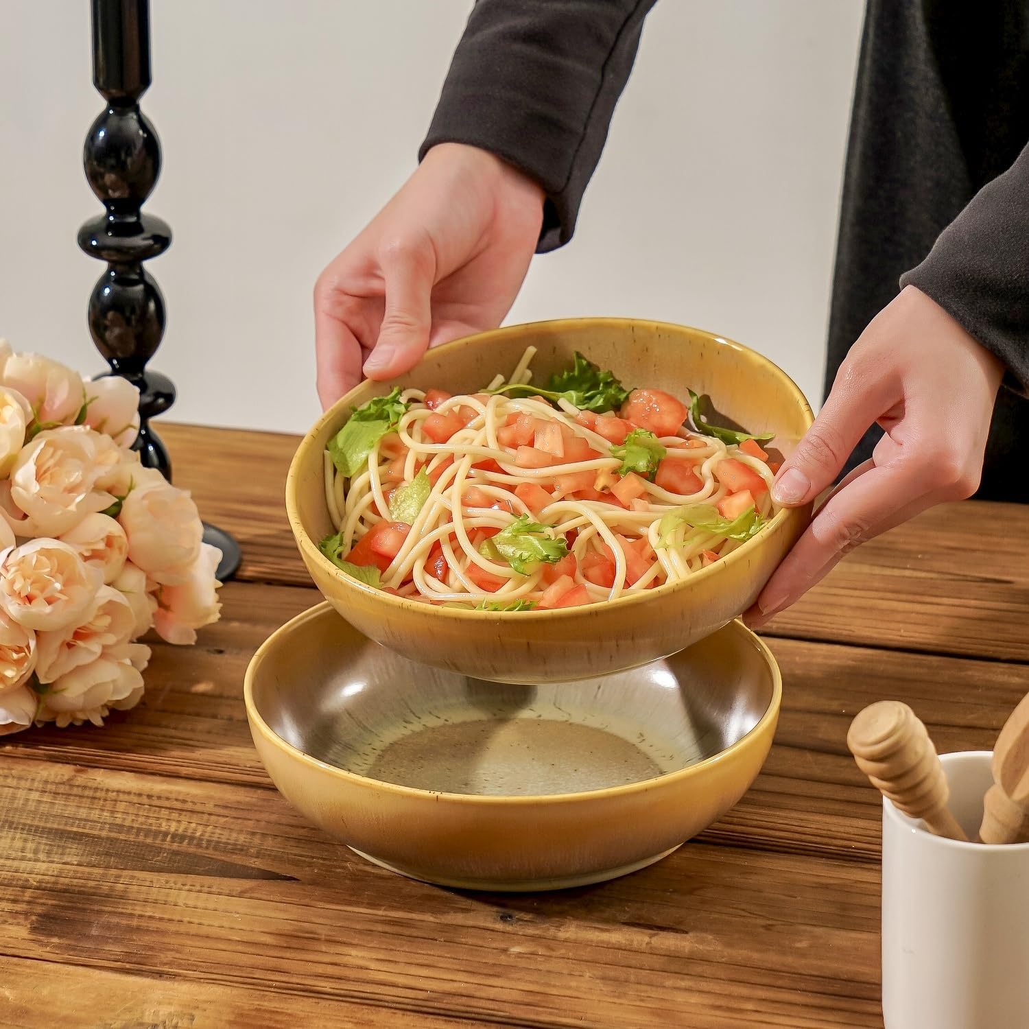 30oz Ceramic bowls set of 4-8" serving bowls for Kitchen,Pasta,Salad-Dishwasher & Microwave Safe Perfect for Housewarming, Thanksgiving, Christmas-Reactive Glaze Cappuccino - Image 6