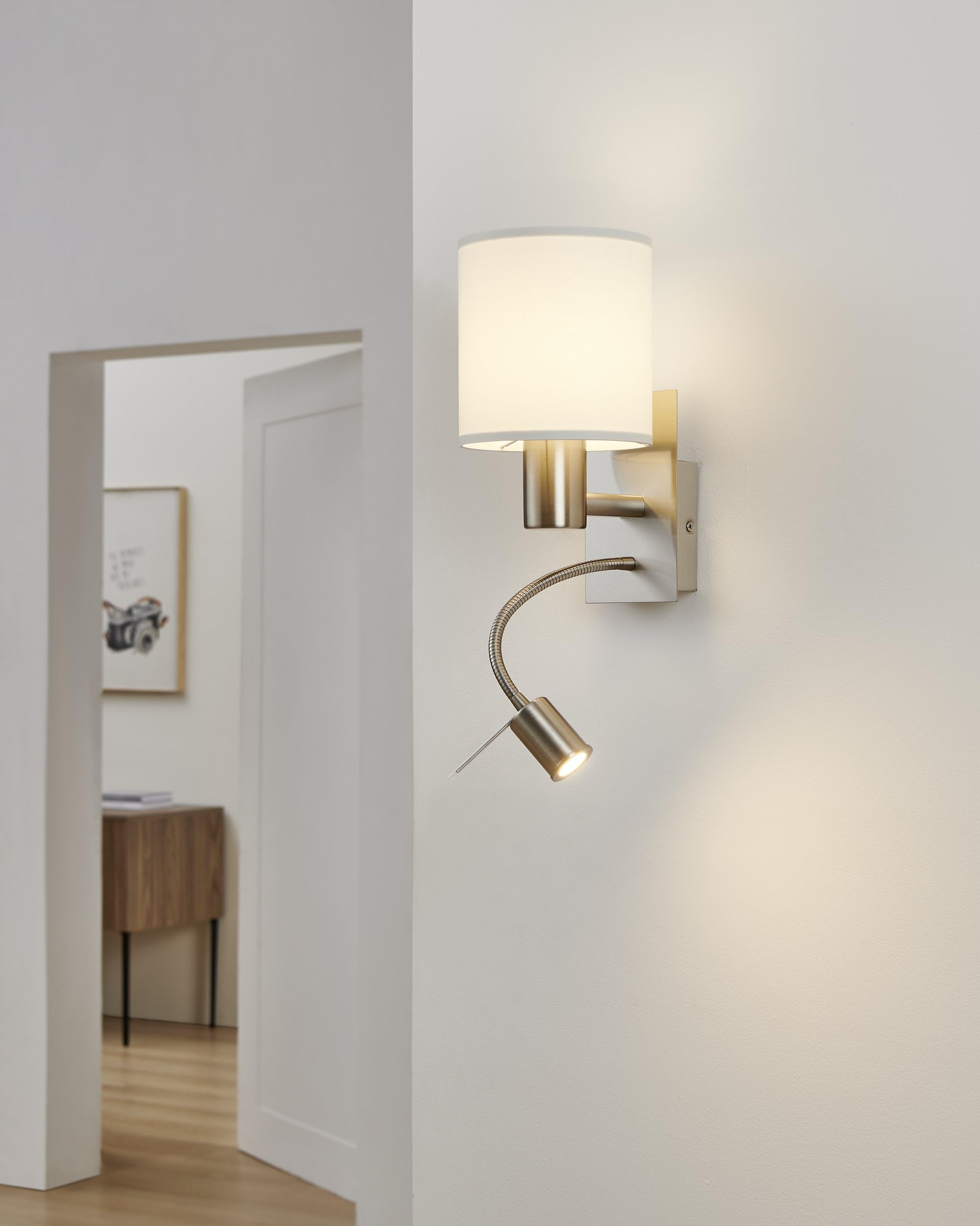 Eglo Lampada da parete a Led Pasteri a due punti luce, acciaio, tessuto, nichel opaco, bianco, E27, incl interruttore e luce di lettura flessibile