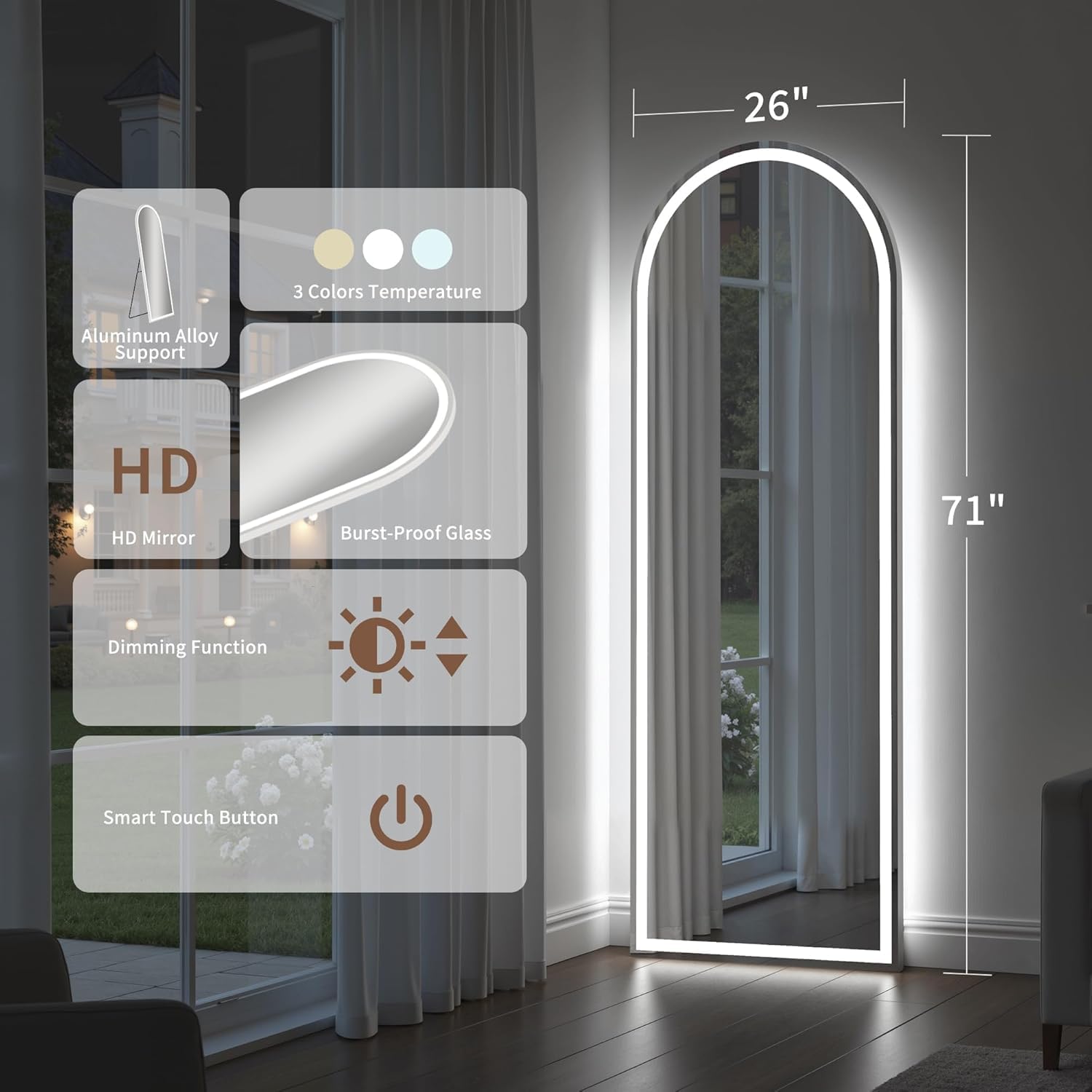 Alpen Full Length Mirror with LED Lights, 71" x 26" Body Mirrors Lights, Aluminum Frame Floor Mirrors with 3 Color Lighting for Bedroom Dressing Room Cloakroom
