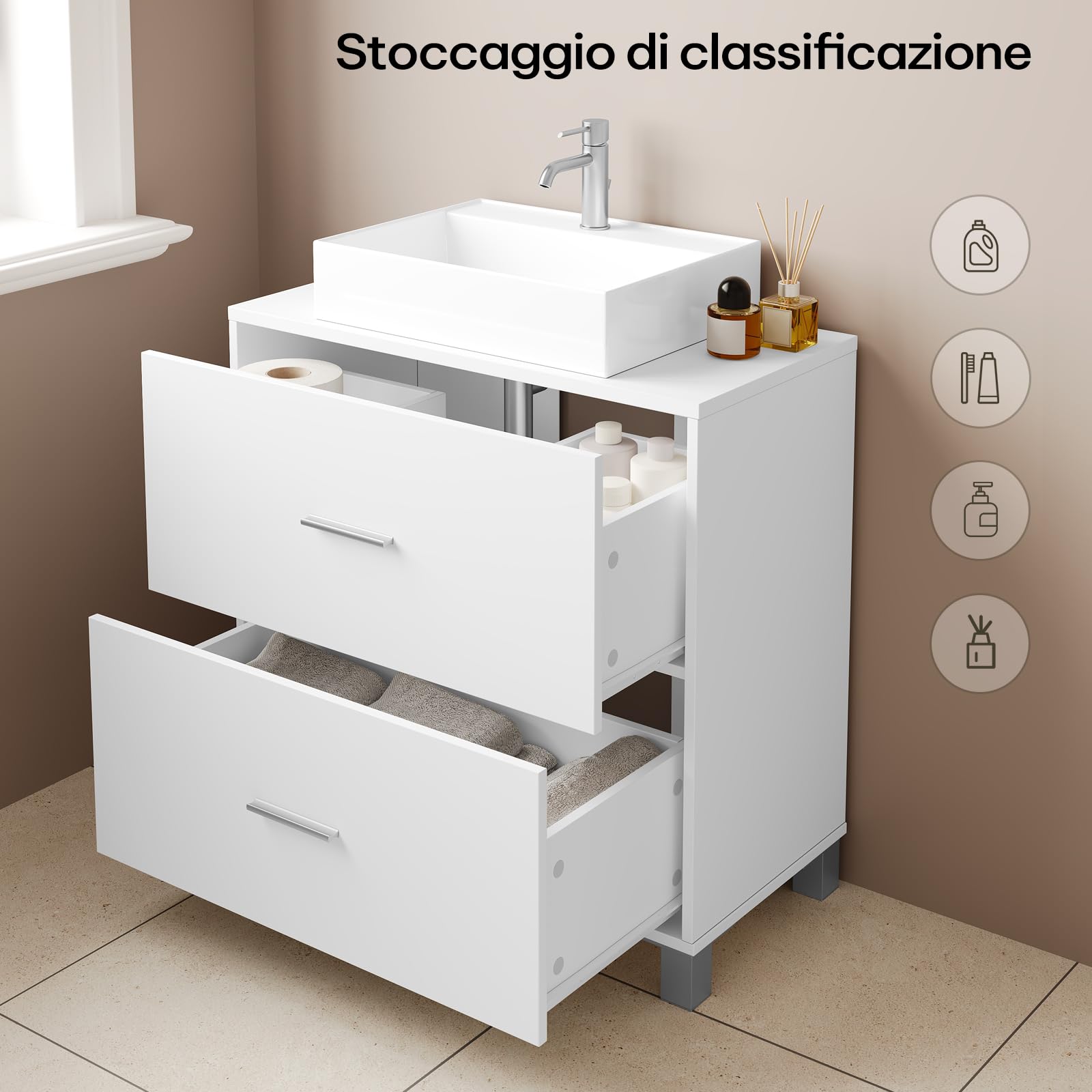 eSituro Mobile da Bagno Sottolavello, Mobile da Pavimento per Bagno, con 2 Cassetti, 60x30x60 cm, Bianco