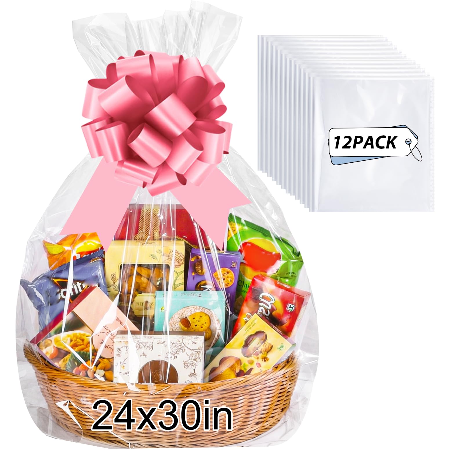 woric 12Pcs 24x30 Inch Clear Cellophane Gift Bags for Gift Baskets