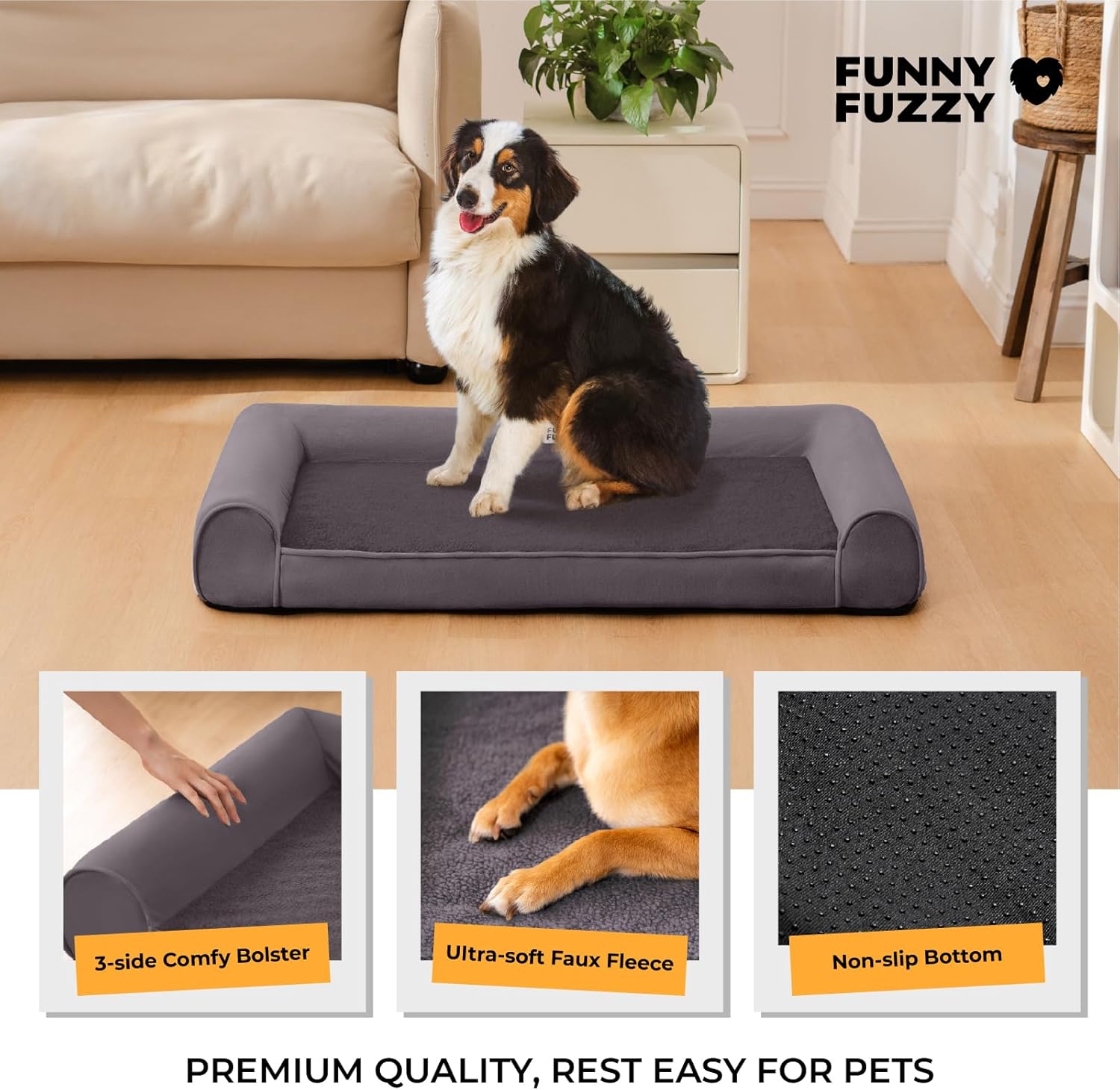 review Dog Beds for Large Dogs, Large Dog Beds Sofa with High Support Foam, Bolster Pillow, Machine Washable Removable Covers & Slip-Resistant XL Pet Bed, Charcoal Grey
