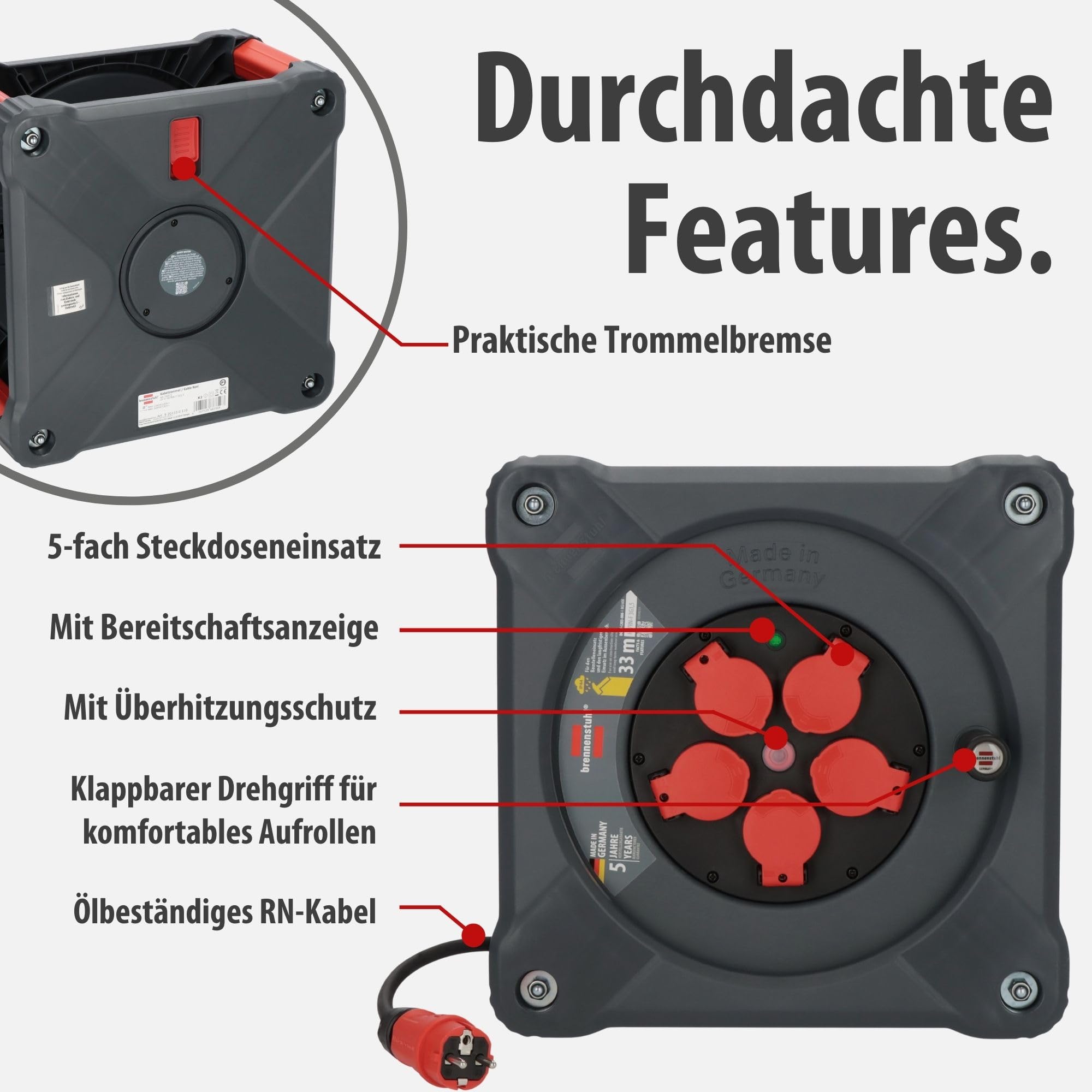 Brennenstuhl Avvolgicavo professionale per cantiere, KA 3100 5 IP44 (33 m H07RN-F 3G1,5 cavo in nero, 5 prese di sicurezza, uso in cantiere e uso esterno permanente, Made in Germany)