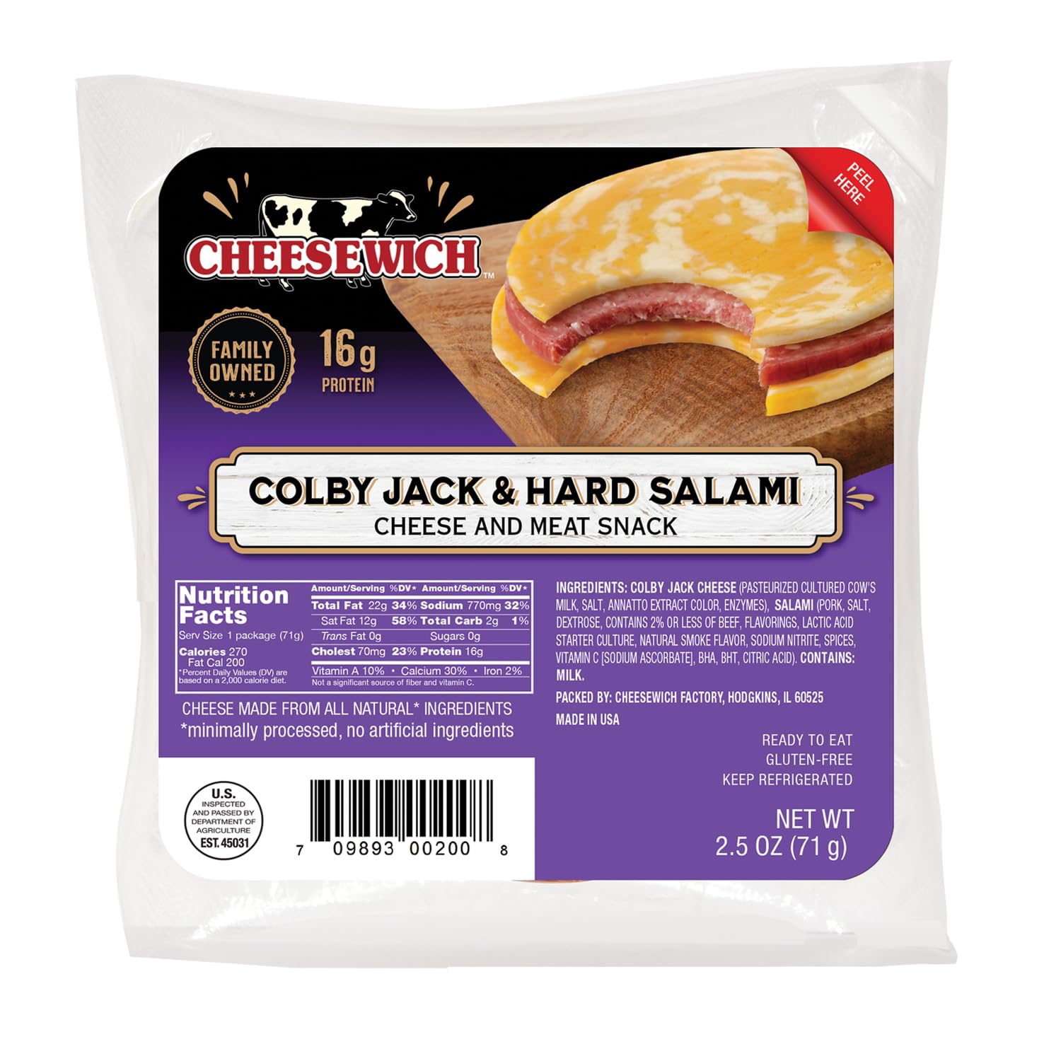Cheesewich Protein Snacks - Colby Jack & Hard Salami Slices, Pack of 16, 2.5 oz Each, Keto Friendly, Ideal for Camping, Healthy Snacks with 16g Protein Per Serving