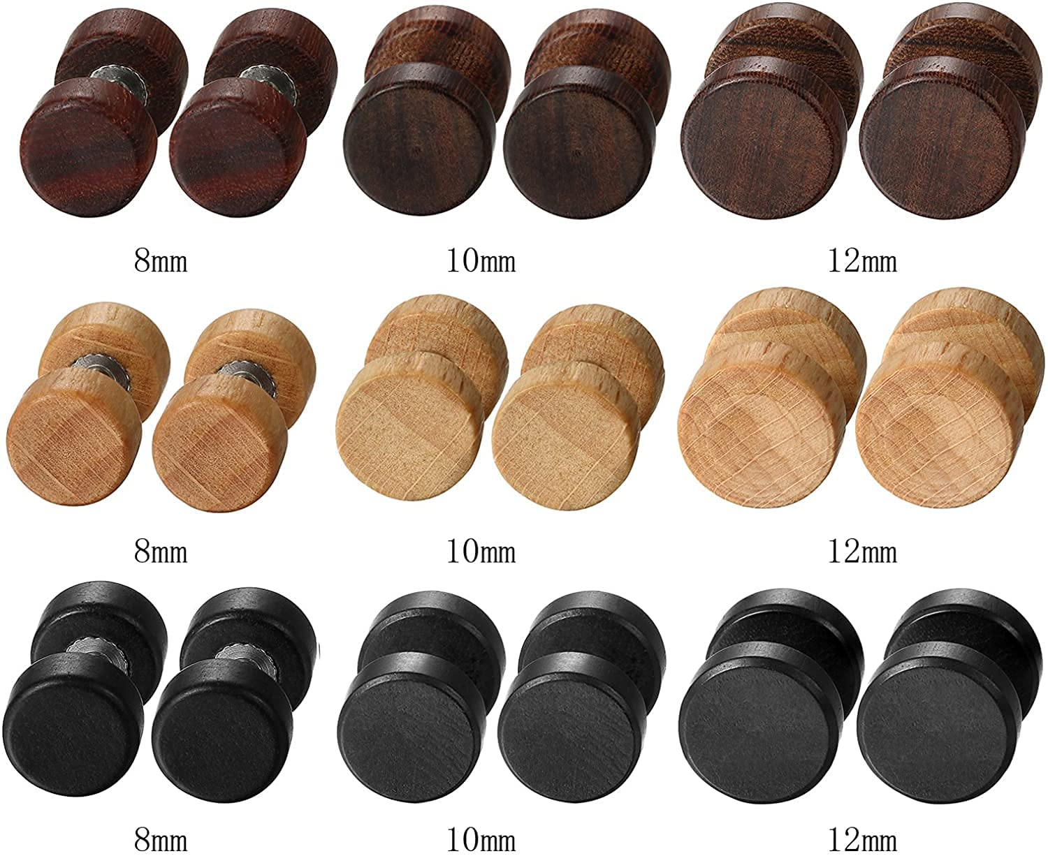 Pendientes de Acero Inoxidable Quirúrgico y Madera Dumbbells 8-12 mm 6 Pcs