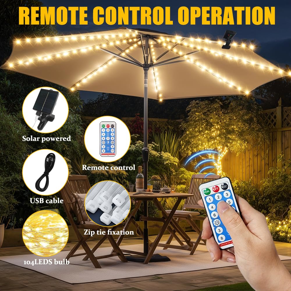 Illuminazione per Ombrellon,Luci Solari per Ombrellone,104 LED,8 Modalità,IP67 Impermeabile,con telecomando,USB,Decorazione Ombrelloni,Giardino,Tenda da Campeggio