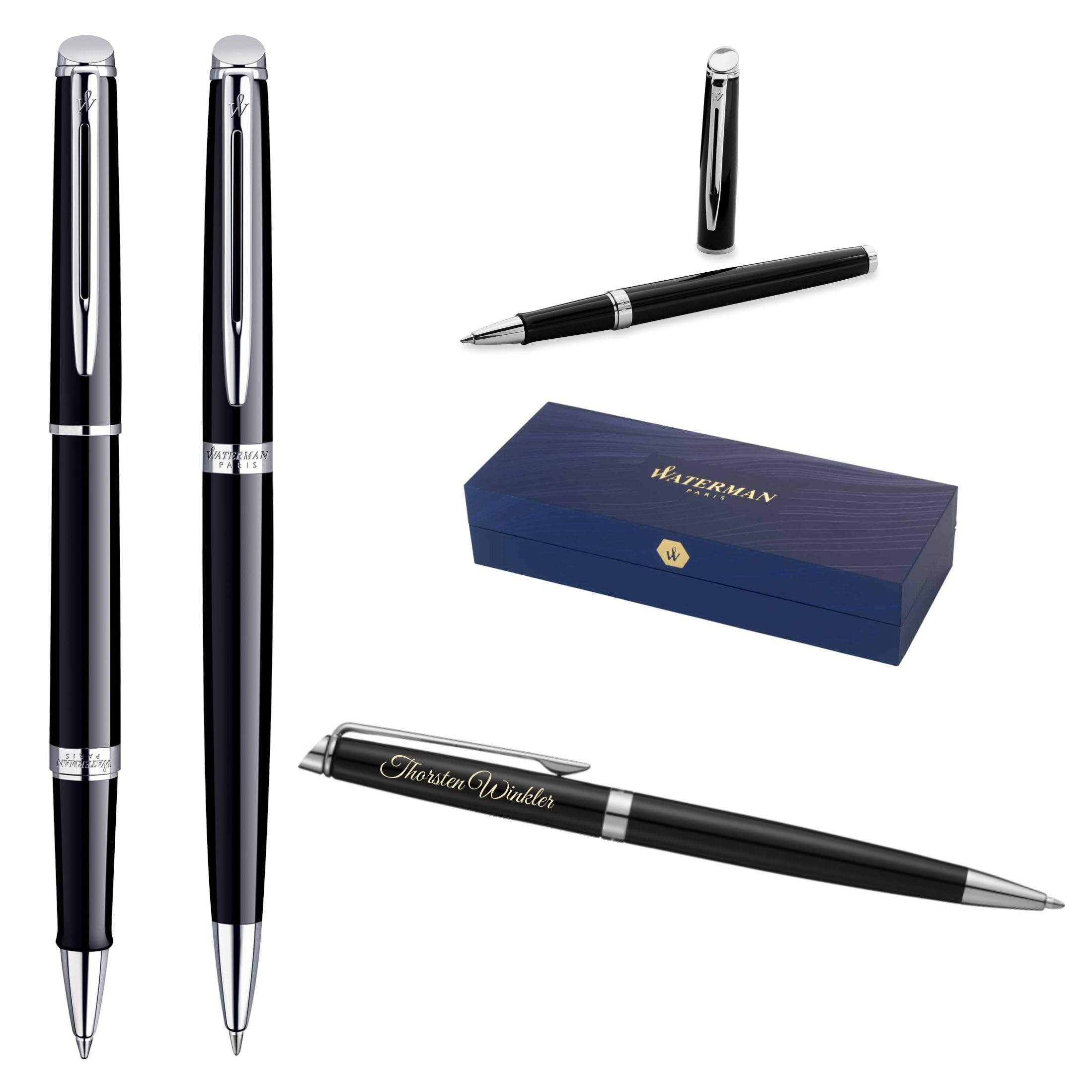 Waterman Hémisphère - Penna roller e penna a sfera con incisione, set di scrittura di lusso personalizzato per compleanno, anniversario e Natale (BLACK C.T)