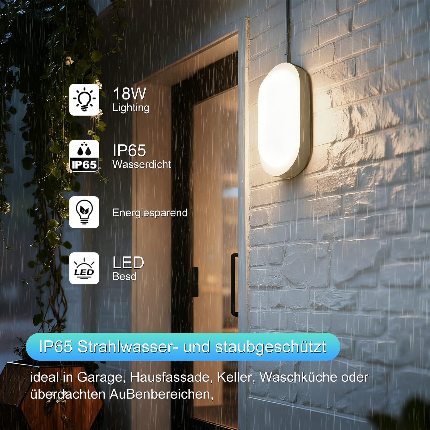 2 Stück LED Kellerlampe 18W 2000Lm Neutralweiß 4000K, LED Ovalleuchte, IP65 Wasserfest, Wandleuchte, Außenleuchte, ldeal für Kellertreppe, Balkon, Keller, Waschküche, Terrassen oder Gartenhäuser, Weiß