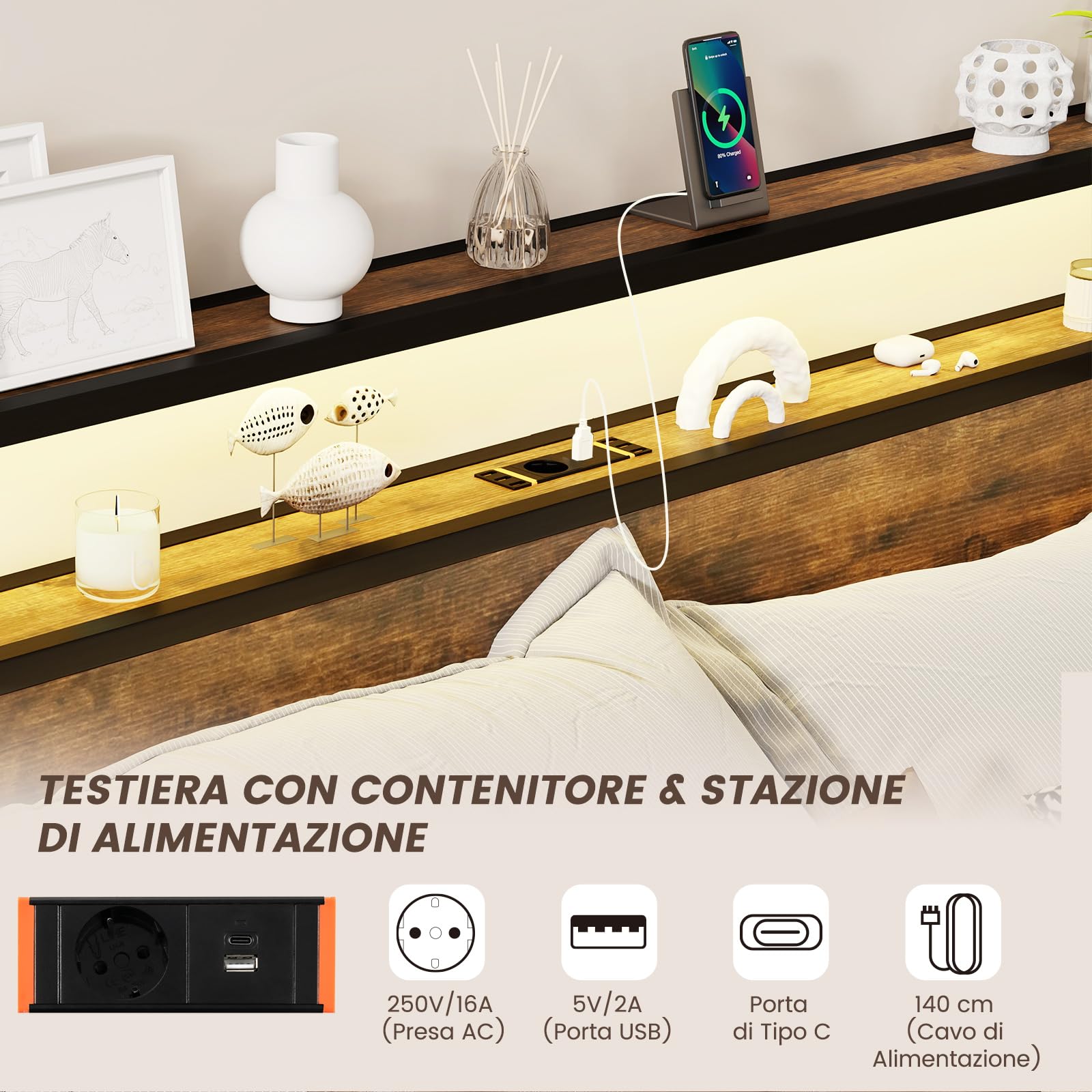 COSTWAY Letto Matrimoniale 160x200 cm, con 4 Cassetti e Testiera, Struttura Letto con Luci LED Regolabile e Presa Multipla, Carico Massimo 300kg, Silenzioso
