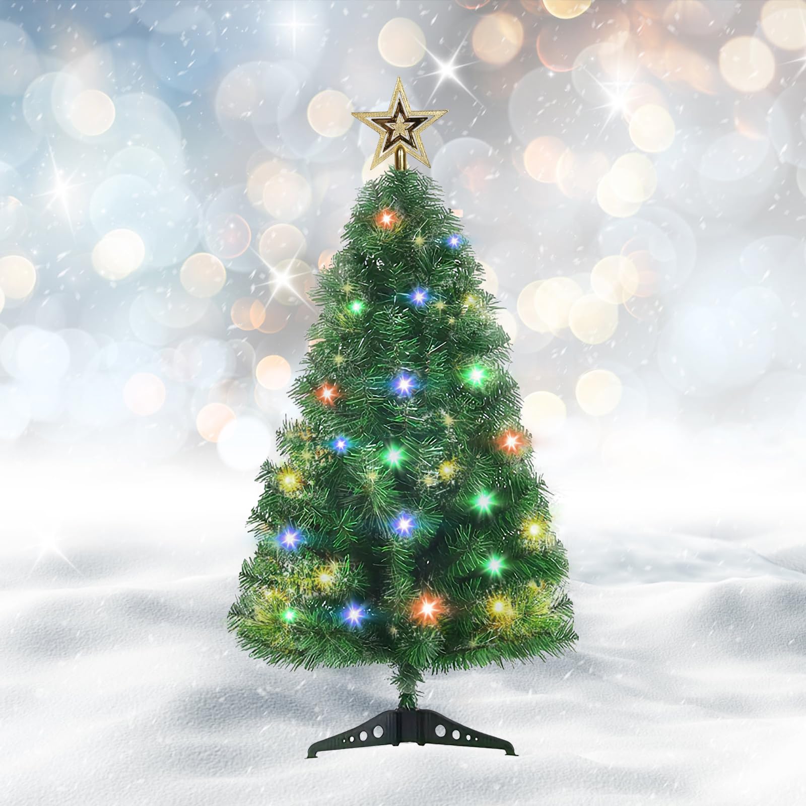 Mini sapin de Noël artificiel de table de 0,9 m avec 140 branches et lumières, petit sapin de Noël pour appartement, bureau, décoration de fête, vert