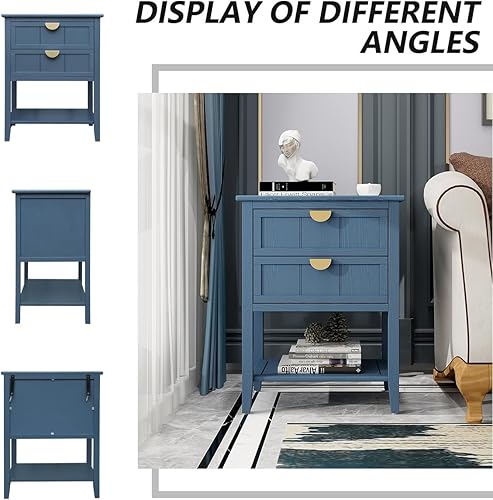 Miniatura 5 de PElHONGET - Mesita de noche con 2 cajones, mesa auxiliar moderna de mediados de siglo con almacenamiento en estantes, mesita de noche con asas de