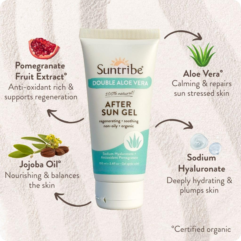 Bio Aftersun Gel doppio Aloe Vera/100 ml – 100% naturale e vegano – ialuronico idratante + estratto di melograno antiossidante – senza profumo