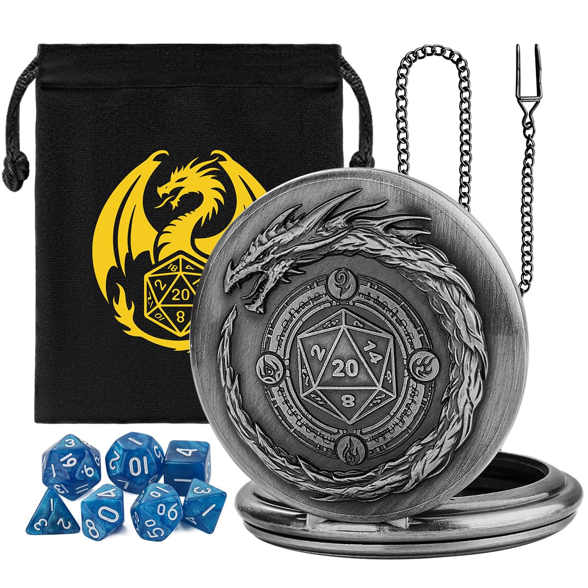 Mini DND Dice Set, 7pcs Polyhedral Acrylic Dice Set, with Steampunk Dragon Large Pocket Watch Case, DND Starter Set, DND Gift Bag with Dragon Logo, Role Play Board Game Accessories, Silver + Blue