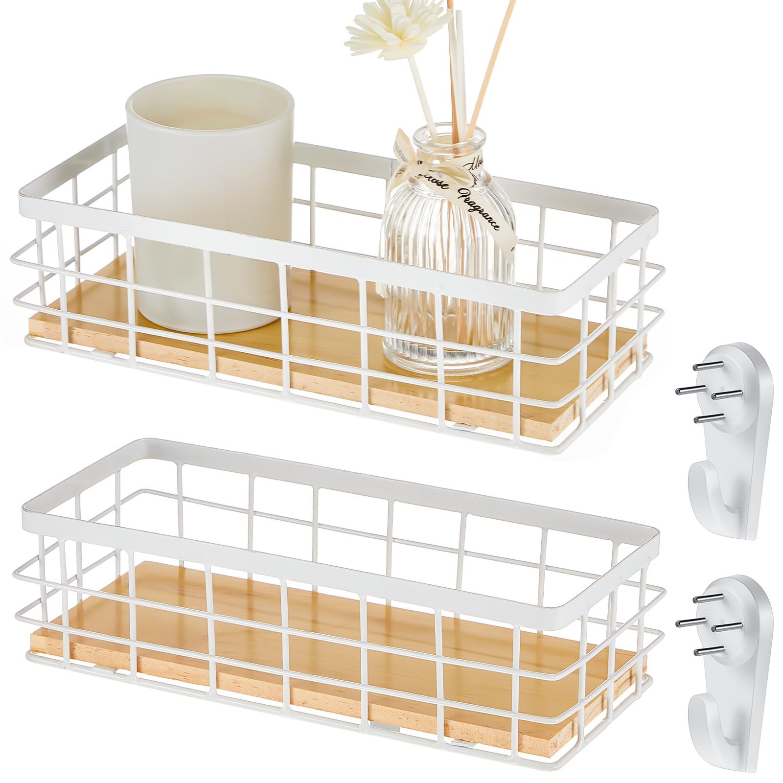 Photo 1 of Funrous Metal Wire Basket with Wooden Base, White, 9.84 x 3.94 x 2.76 Inches (missing hardware)