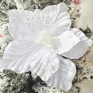 Chunky Glitter Christmas Flowers Large Velvet Poinsettia Artificial Floral Ornaments Pack of 6 Folded Flower for Christmas Tree Decoration Wedding Centerpiece White
