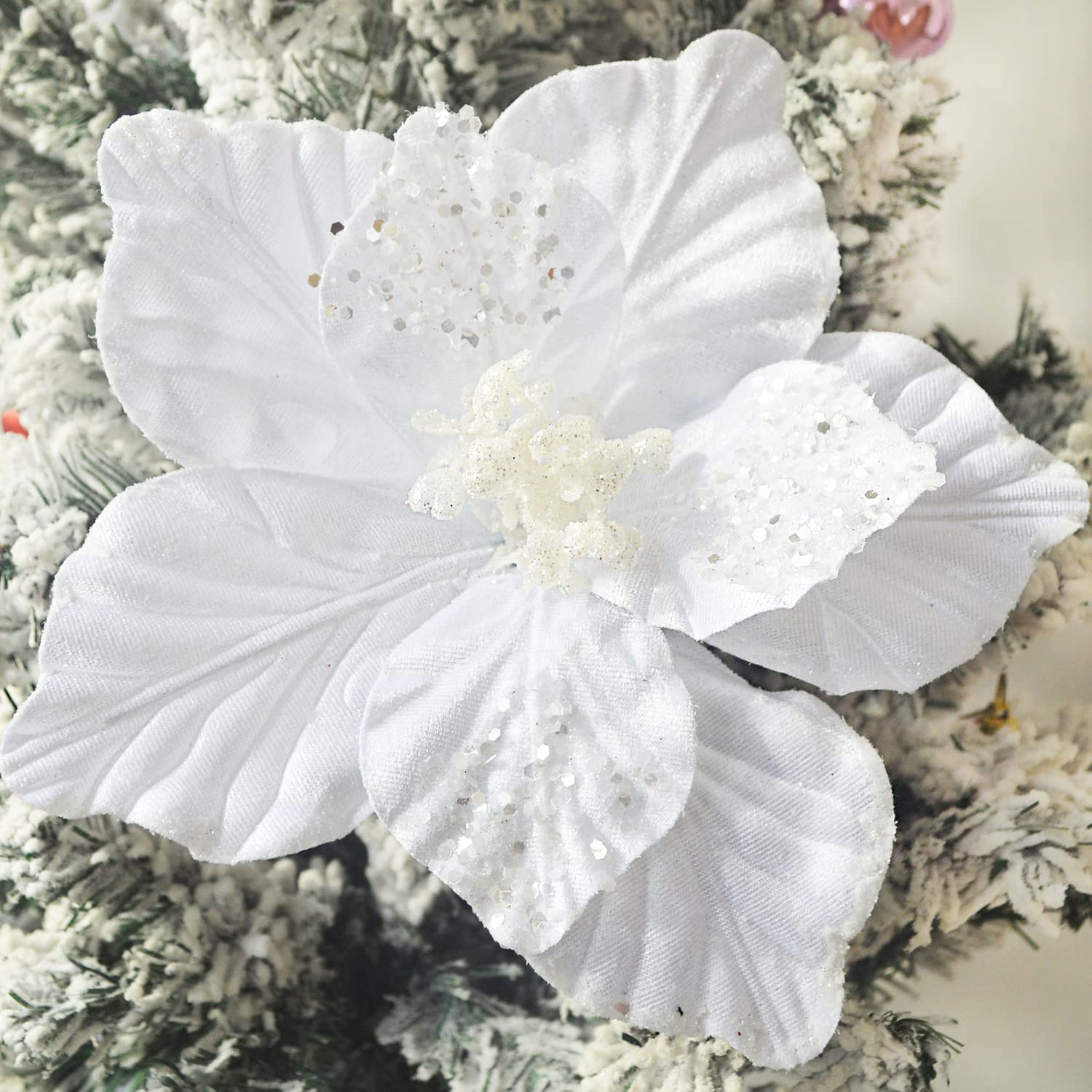 Fleurs de Noël artificielles lot de 6 grandes fleurs en velours blanc pailleté pour sapin