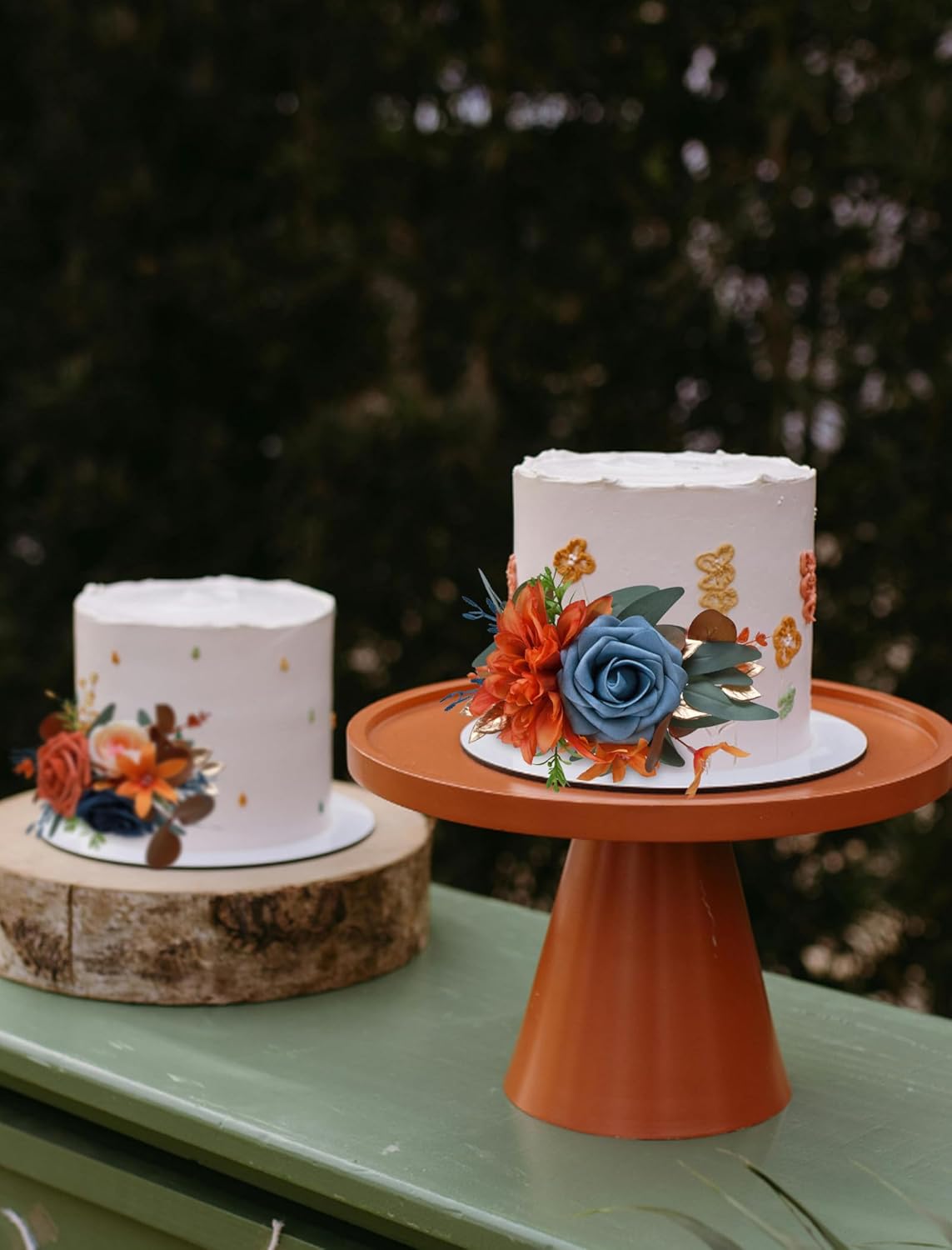 CherishedMoments 3Pcs Cake Topper Set, Wedding Artificial Flowers Decor Burnt Orange-Blue, Perfect for Wedding Ceremony, Anniversary, Parties & Photography