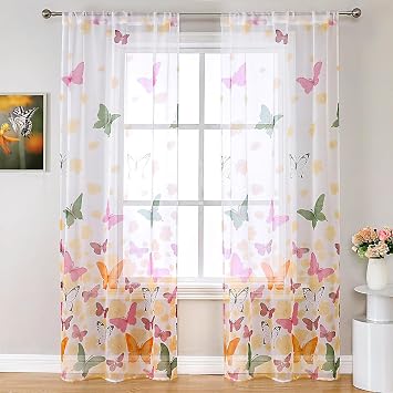 WUBODTI 84 inch Butterfly Sheer Curtains for Girls Bedroom 2 Panels, Cute Kids Room Colorful Butterfly Printed Voile Tulle Window Curtain Room Decor Rod Pocket Gauze Drapes for Living Room Nursery