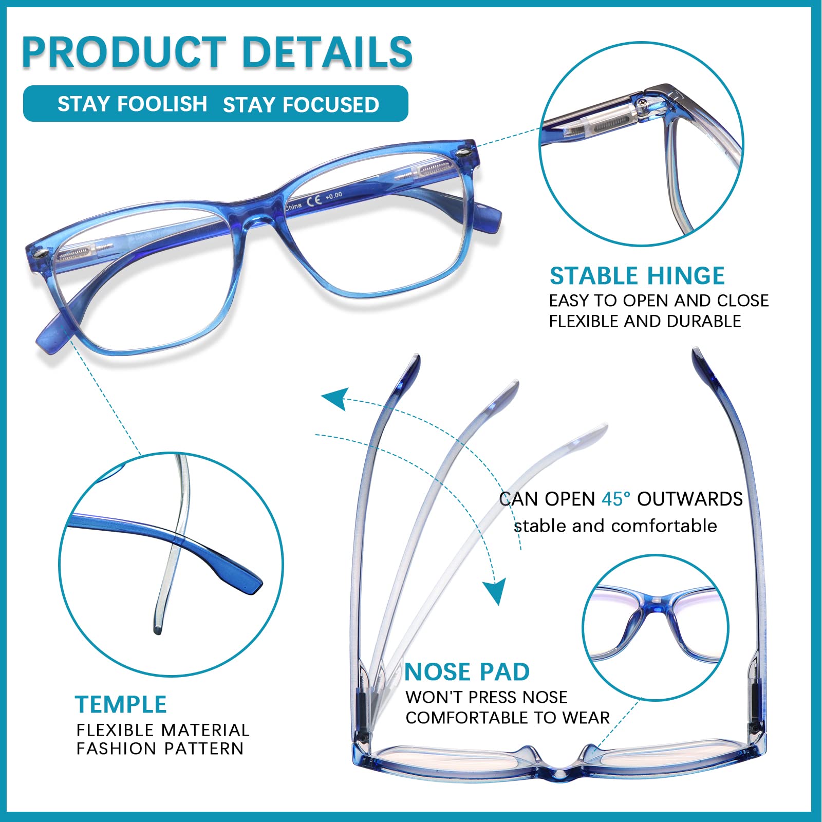 MAEOWN 6er-Pack, blaue, blockierende Lesebrille für Damen, verstellbar, Federringe, leicht, Computer-Reader, 6 Stück