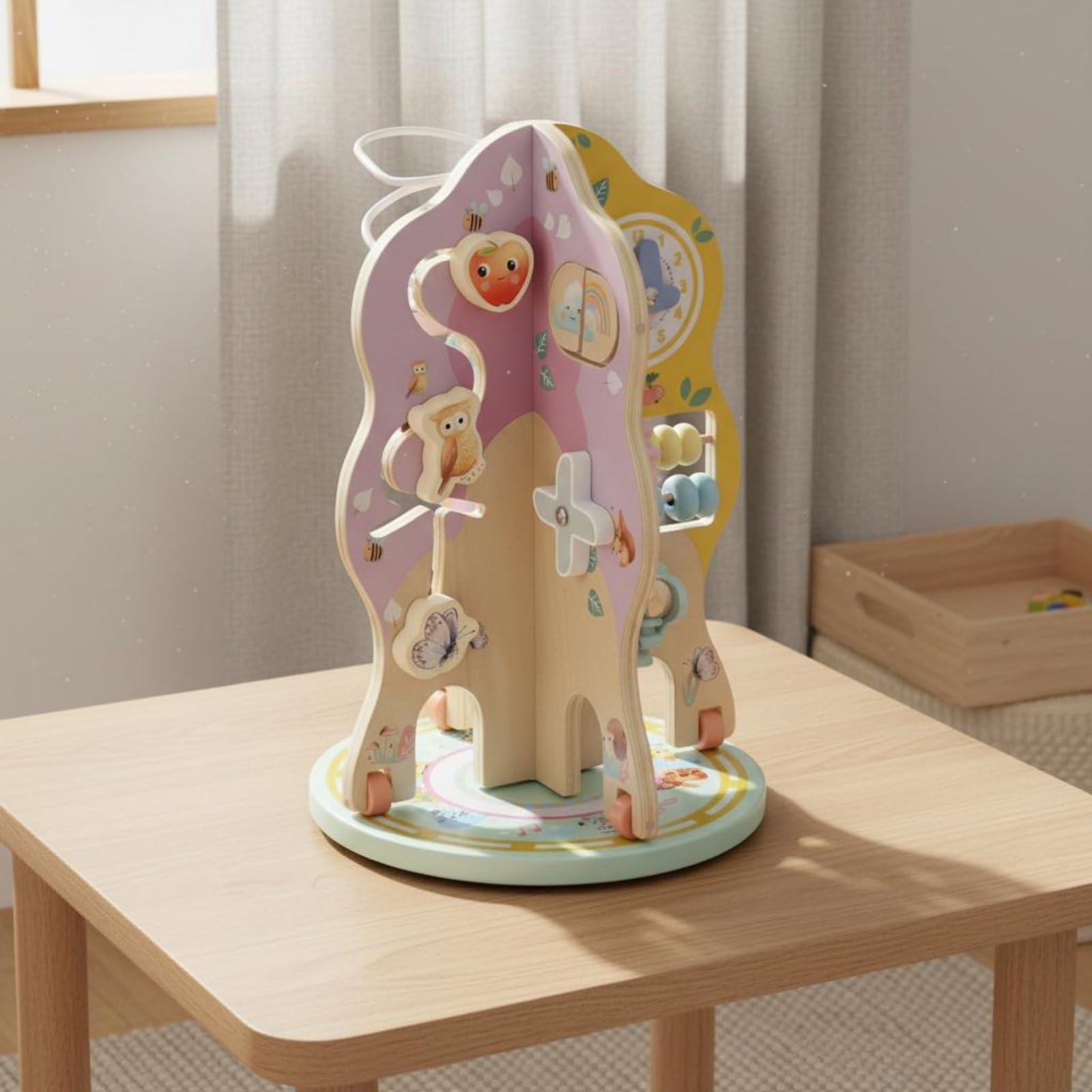 Giocattolo Educativo per Bambini Albero attività Rotante Busy Board Cubo Motricità Perline Torre Interattiva in Legno Stimola Coordinazione E Concentrazione Adatto per Casa Asilo Aula
