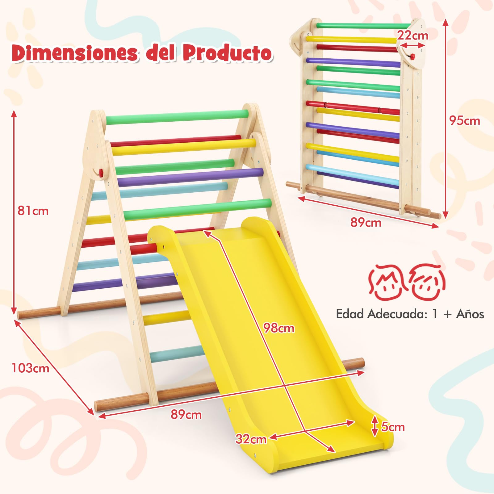 COSTWAY Juego de Triángulo de Escalada para Niños, Triángulo de Escalada Plegable con Rampa Ajustable y Bordes Lisos, Set de Trepa Montessori de Madera para Niños de 1+ Años (Multicolor)
