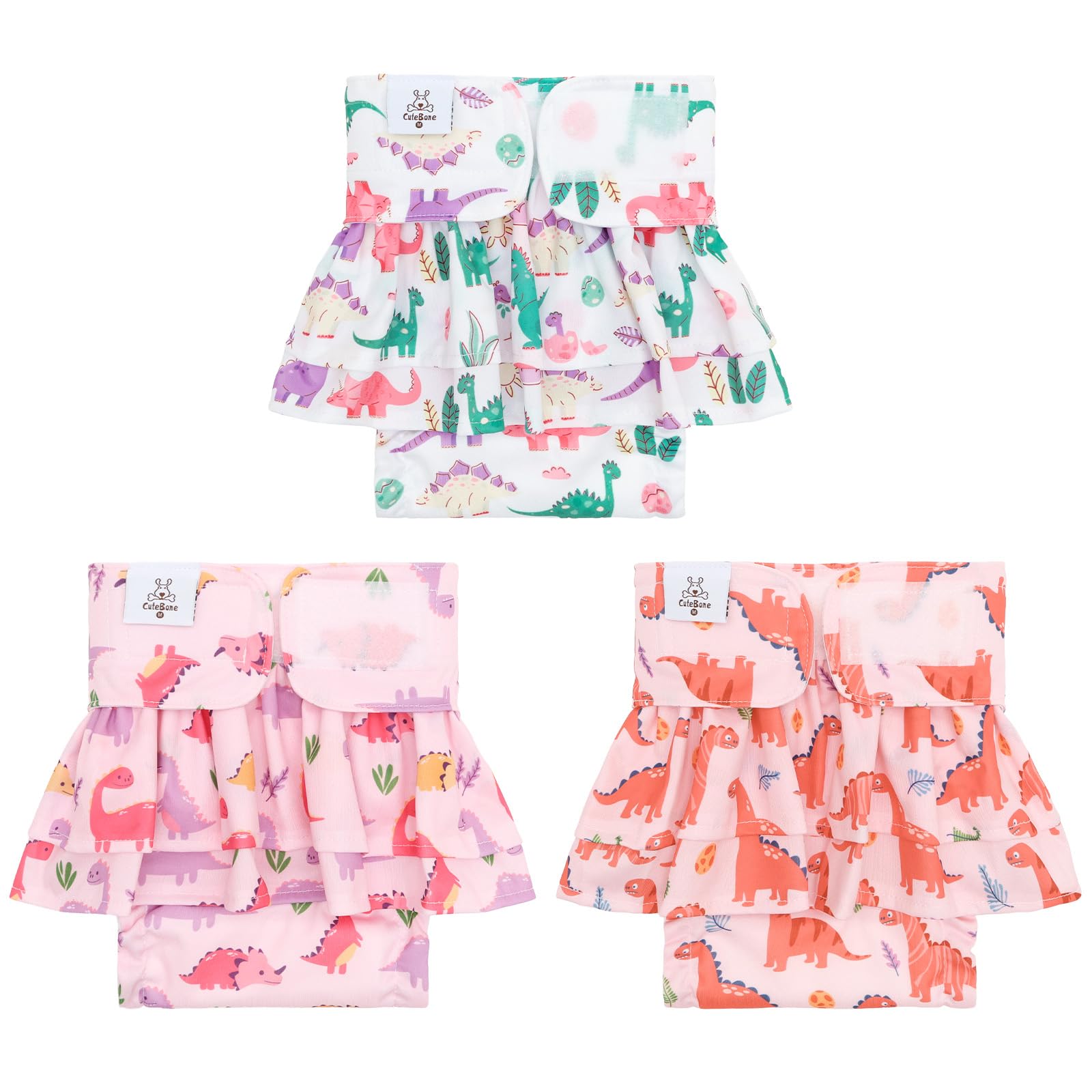 CuteBone Female Dog Diapers with Skirts 3 Pack Reusable Puppy Dresses Pants for Heat Cycle Period QBD33S