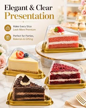 50 Pack Cake Slice Containers with Pink Base & Clear Lids - Disposable Triangle Cheesecake Boxes for Pie, Dessert, Pastry - Individual Plastic Slice Holders with Stickers (Gold)