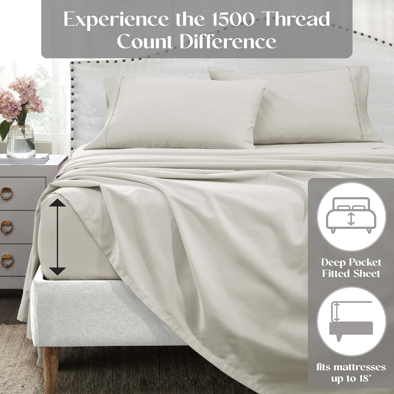 Superior 1400-1500 Thread Count Cotton Rich Sheet Set, Heavy Daily Bedding, Modern Decor, Includes 1 Elastic Deep Pocket Fitted Bedsheet, 1 Flat Sheet, 2 Pillowcases, California King Size, Silver