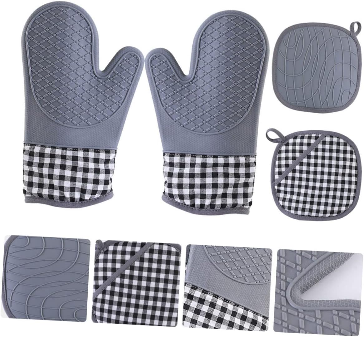 1Set Premium Heat Resistant Oven Mitts and Pot Holder Kitchen Gloves with Hanging Loop for Baking and Cooking Non Slip Grip for Safety and Comfort