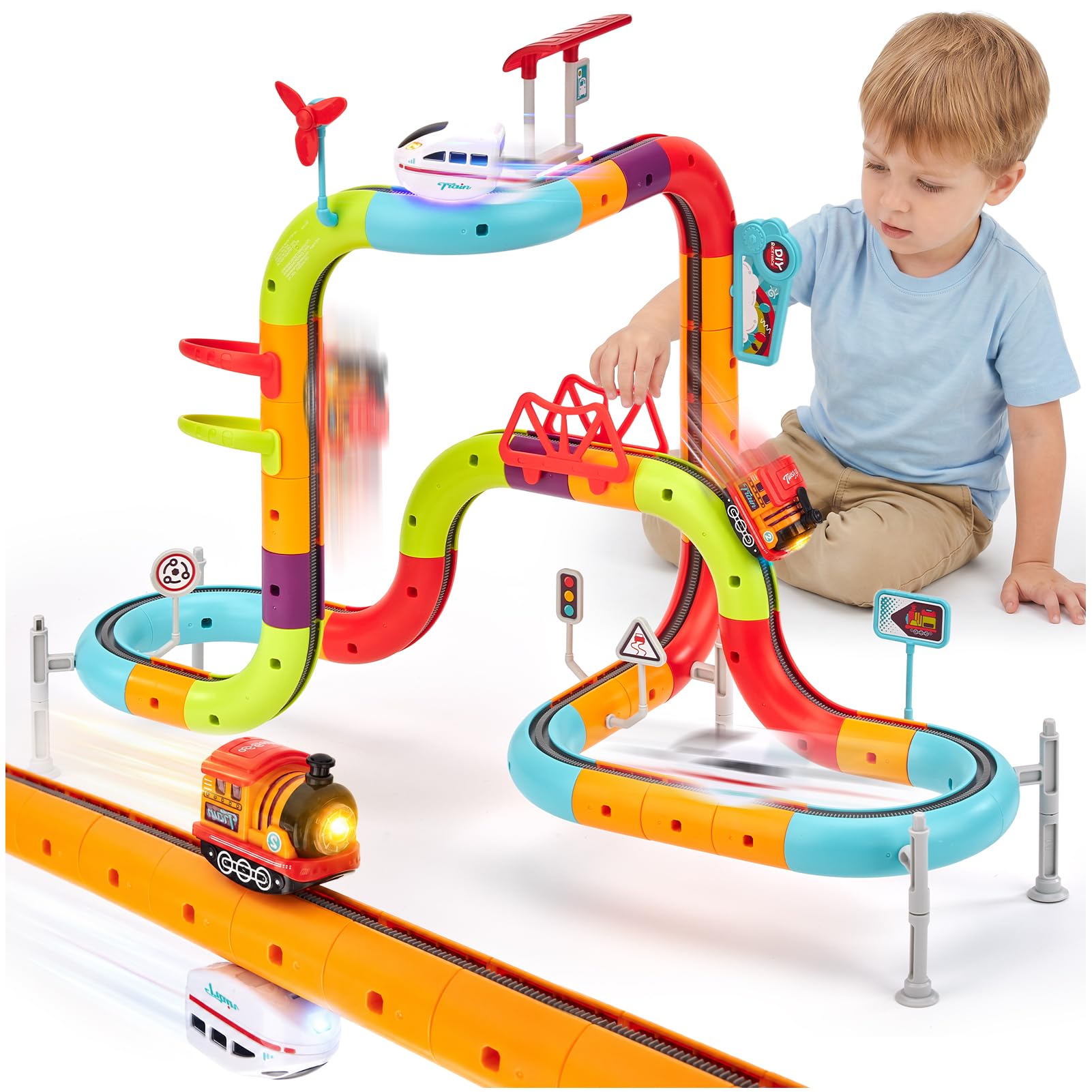 hahaland Trenino Elettrico per Bambini 64 Pezzi, Set STEM Pista Trenino 3D | con 2 Veicoli Ricaricabili, DIY Circuito Effetto Antigravità, Giocattolo STEM, Regalo Bambino 3-6 Anni