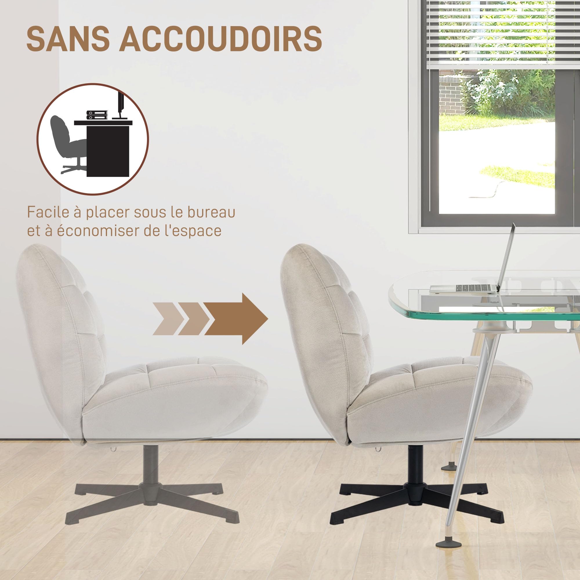HOMCOM Fauteuil Salon pivotant à 360° en Chenille sans Accoudoirs Crème | Chaise Rembourrée, Assise et Dossier Extra-Larges, Pieds Croisés en Acier, Fauteuil de Chambre, Salon, Bureau