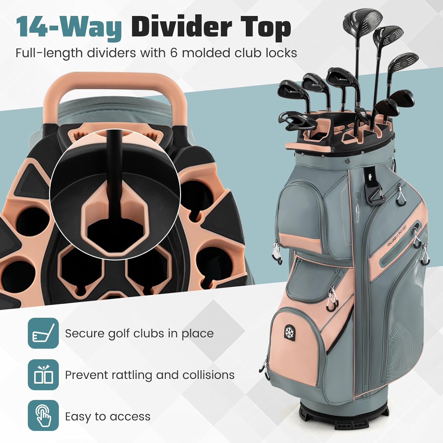Nightcore Golf Cart Bag with 14-Way Molded Top Divider, Lightweight Portable Golf Club Bag w/Full-Length Dividers, Cooler Bag, Padded Shoulder Strap and Rain Hood for Men & Women