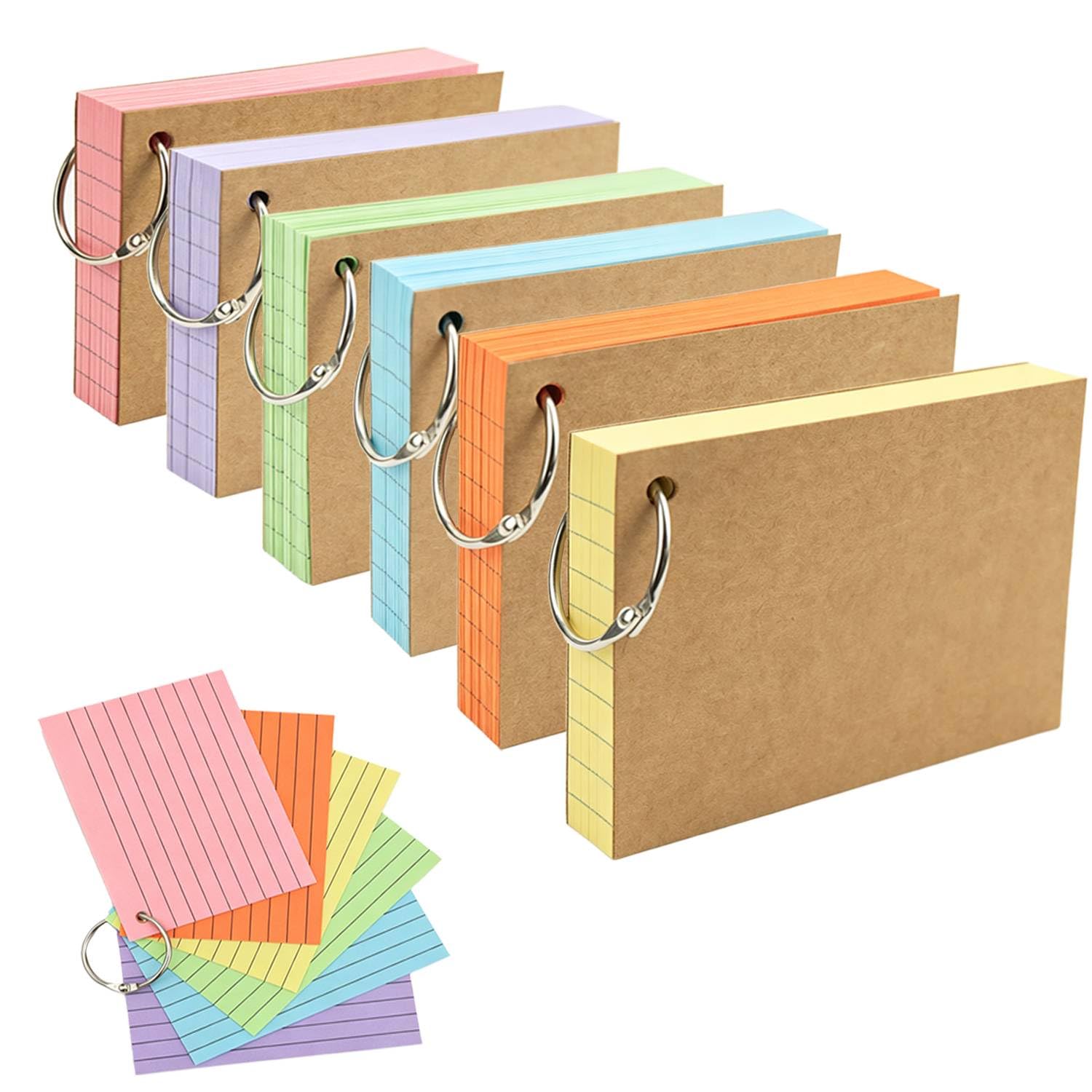 Qcdou A7 Flash Cards(105x74mm), 600Pcs Revision Cards with 4 Binder Rings, Coloured Card, Double Sided Flashcards, Ruled Index Card, Notecards for School, Learning, Office, Work, Speech