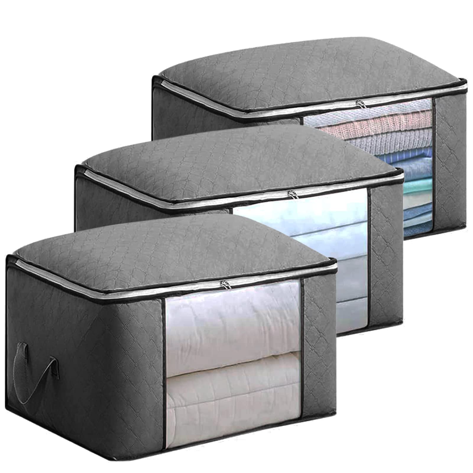 Large Storage Bags, 3 Pack Clothes Storage Bag Foldable Organizers with Reinforced Handle Thick Fabric for Comforters, Blankets, Bedding, Storage with Sturdy Zipper, Clear Window, 90 L (GRAY)