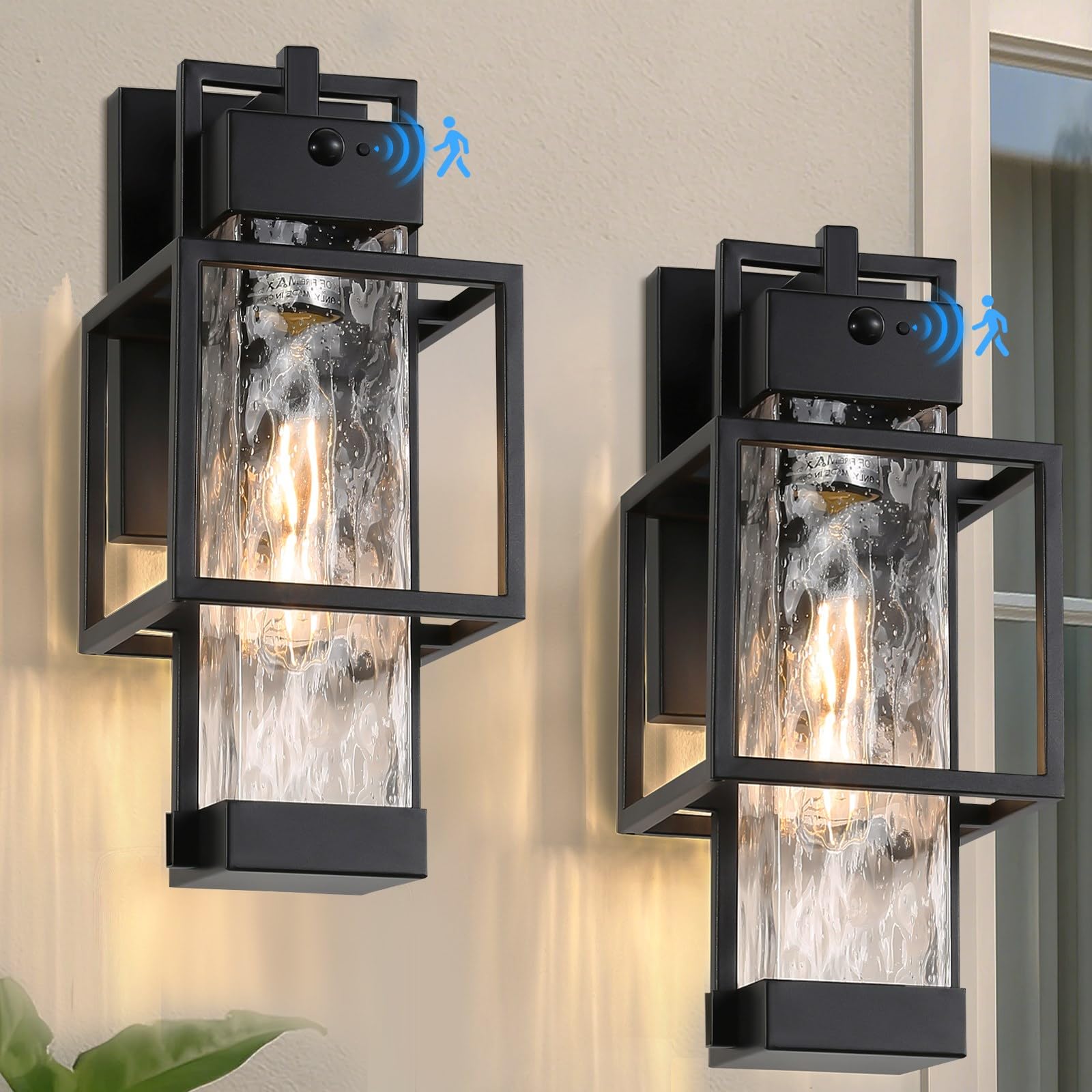 Zinola Outdoor Motion Sensor Lights 2 Pack, Dusk to Dawn Outdoor Lighting Exterior Lighting Fixtures with Water Glass, Waterproof Sconce Wall Mount