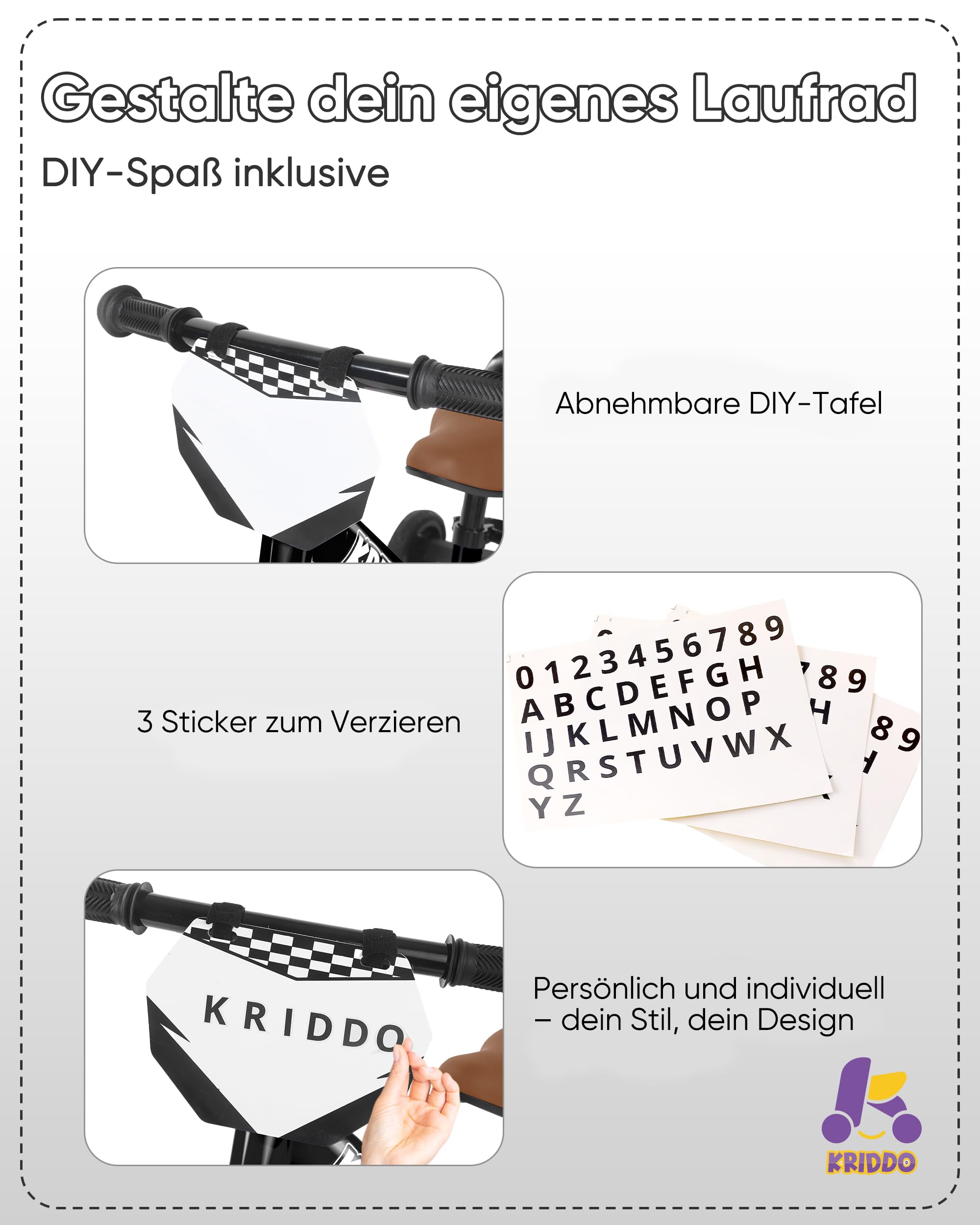 KRIDDO 2-in-1 Dreirad und Kinder Laufrad für Kleinkinder ab 2 Jahren, abnehmbare Pedale und klappbare Stützräder, DIY-Schild, Fahrspaß für Kinder von 18 Monaten bis 3 Jahren
