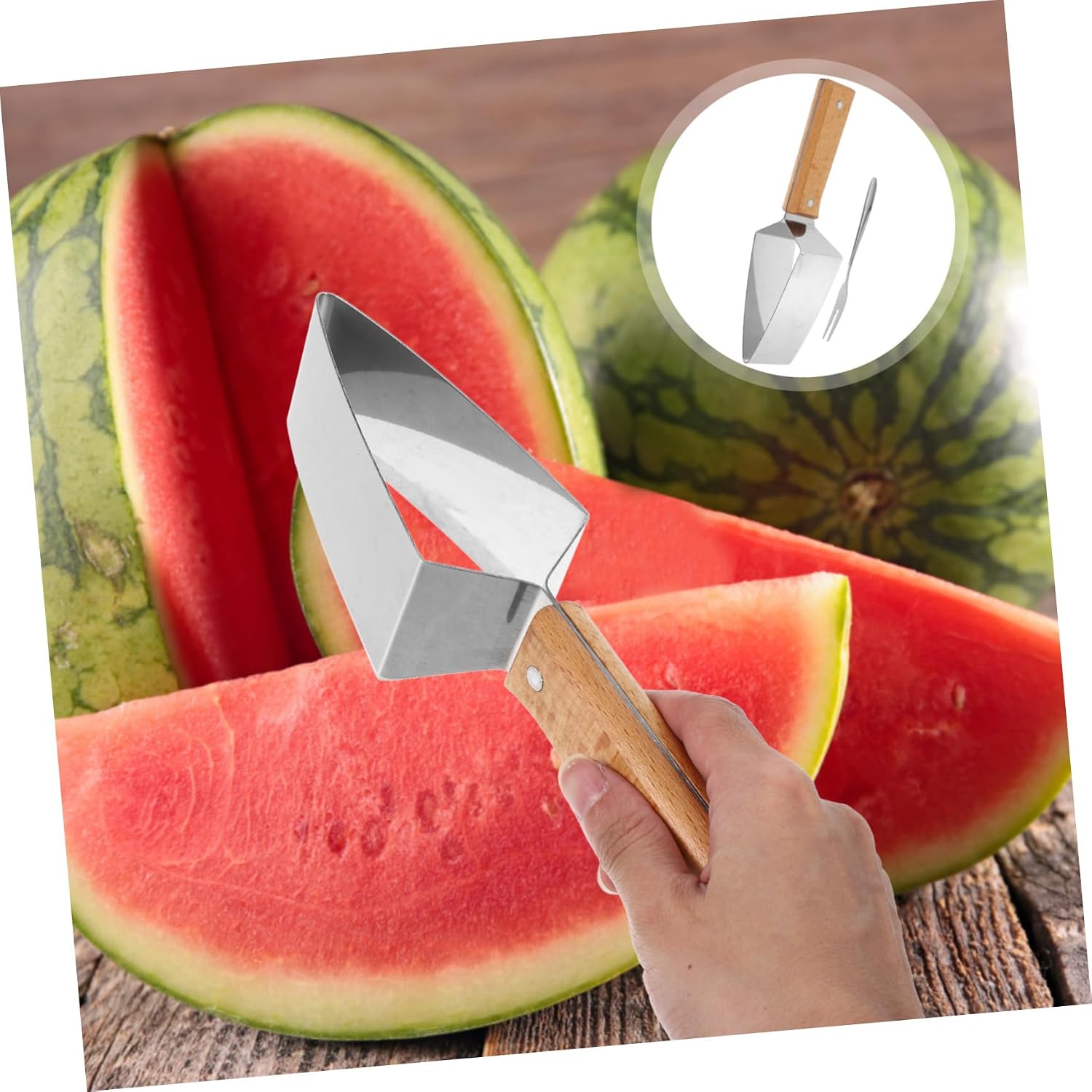 Stainless Steel Watermelon Slicer with Fork and Wooden Handle