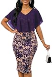 Womens Retro Bodycon Midi Dresses Sexy Mesh Lace Cape Sleeve V Neck Print Work Church Pencil Dress